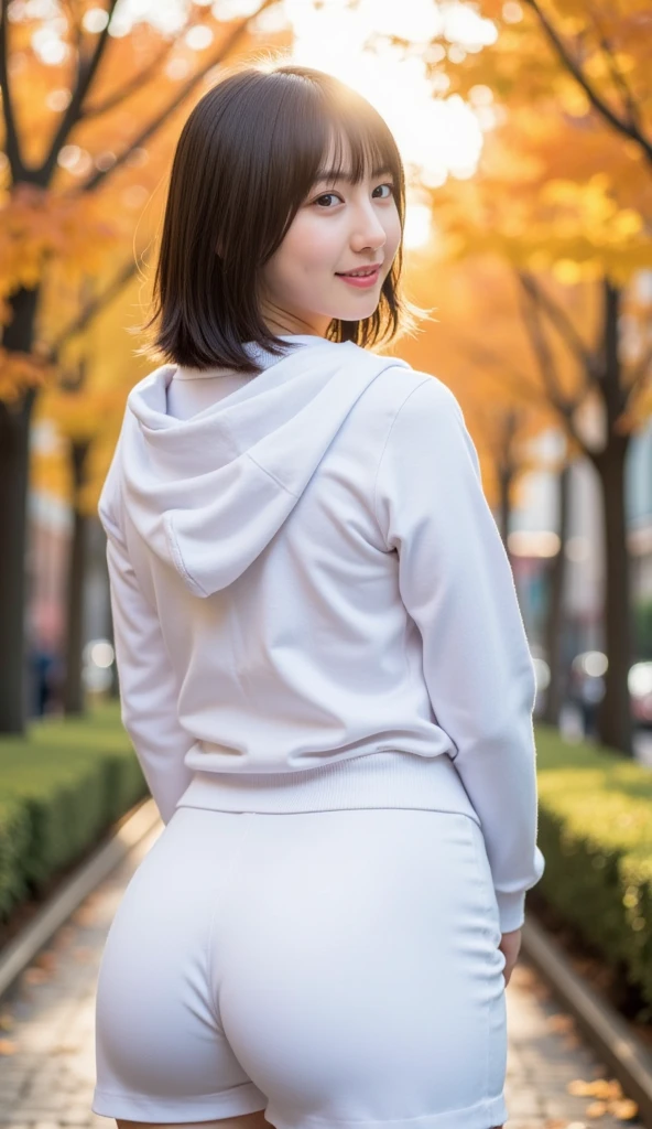 25 years old 、bangss、((( white hoodie 、White Skirt)))、Medium milk, cute  face、(Butt sticking out pose)、(turned around)、((Tokyo cityscape))((sunset))、Big necklace、earrings、Photos showing the whole body((Short Hair))((autumn leaves)) anatomically correct,  high definition ,  high image quality model ,  high detail ,  High Quality ,  very detailed ,  textured skin,  Ultra High Definition, 