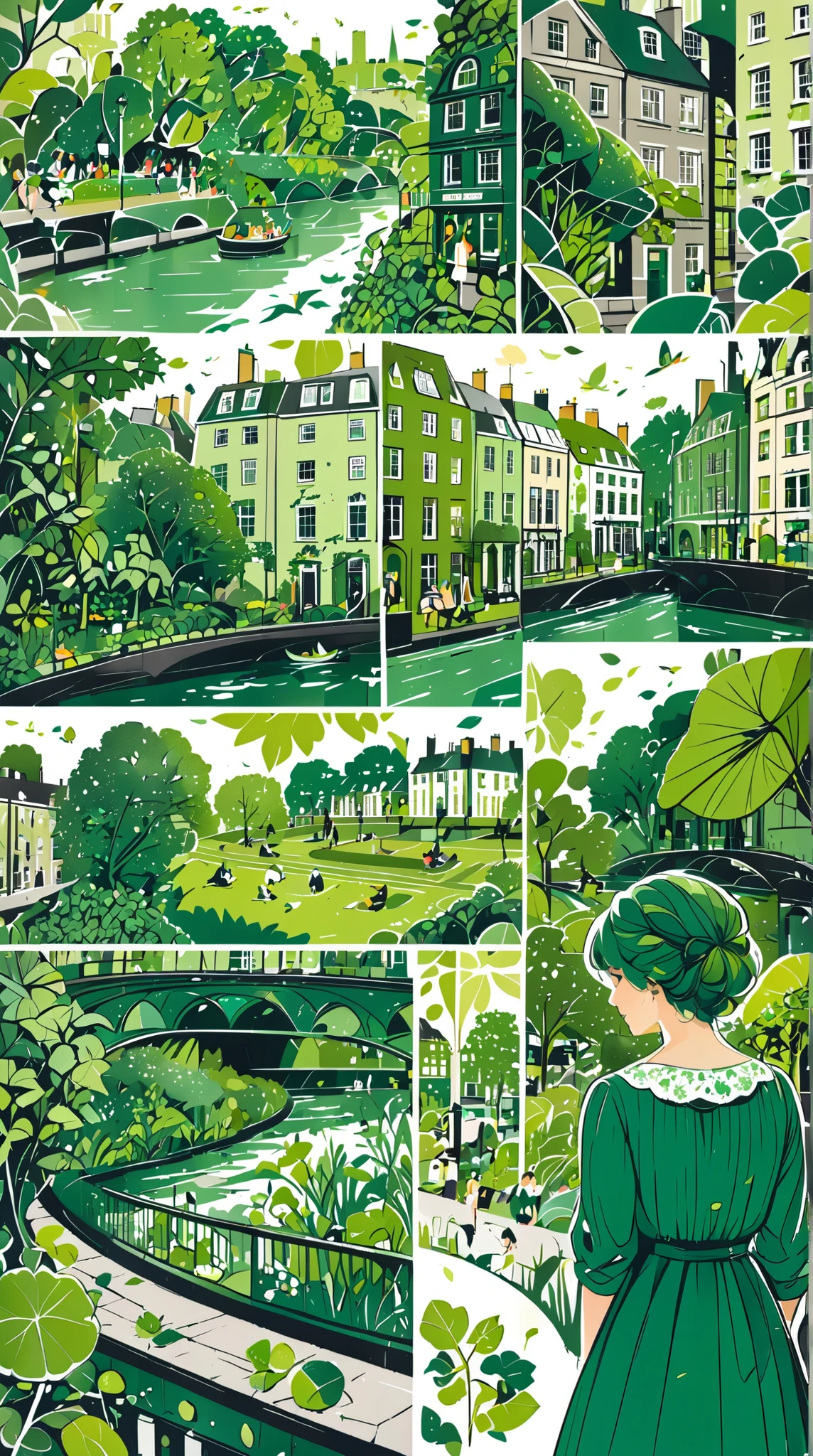 Nation, London, illustration with leaf green as the main color, Graphic, Game change, green, riverside, society, universe, collage illustration, lady, city, cute, beautiful, ivy green illustration, citron green illustration, emerald green illustration, Edinburgh, muffin