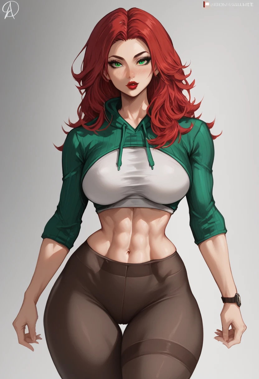 (masterpiece), best quality, expressive eyes, perfect face, red hair, green eyes, big breasts, fit body, hourglass figure, wide hips, natasha romanoff, long hair, bangs, green eyes, red hair, lipstick, makeup, decollete, cleavege, athletic, leggings, cropped zip up hoodie, 