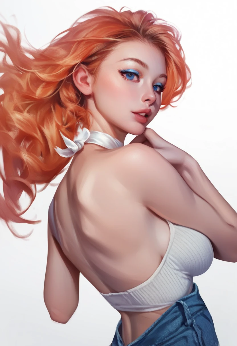 Viewed from front. fuzzy, traditional art, Liu2, brush texture, check_9, check_8_up, check_7_up, 1 girl, orange hair, up to the shoulder blades, straight hair, long hair, Blue eyes, Plump lips, Long eyelashes, adult, beautiful make-up, big breasts, blue eyeshadow, Looking at the viewer, BREAK solo, standing, adult, skinny, high leg, arched back, hip gap, BREAK (White background:1.2), simple background, dynamic pose, dynamic angle, casual wear, Beautiful anatomy, perfect hands, High-quality fingers, good hands, high detail, detailed art