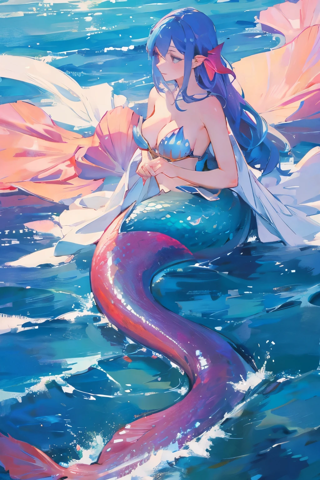 realistic anime style photo panoramic best possible quality ultra realistic environment: seabed, ocean floor, clear water, sunken galleon-style ship, hole in the ship's hull, corals, crabs and starfish in the scenery, first plane close in master piece: naked nude mermaid, long blonde hair, long pointed ears, red mouth, silver eyes, perfect and firm small naked nude breasts, swimming in place