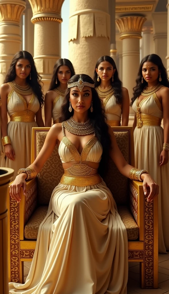 three priestesses of the sun temple, in golden dresses, black hair, golden eyes, a lot of decorations, Arabian architecture, circle symbols