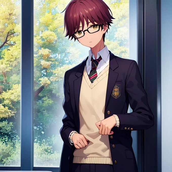 A boy, black shor hair, creen eyes, glasses, thin body frame, gentle expression. School Uniform. Looking to the front. In a classroom. 