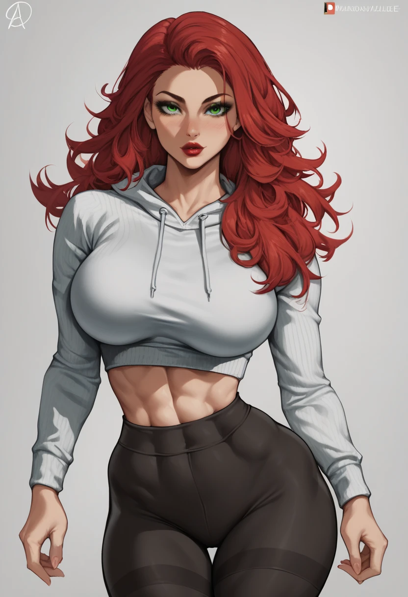 (masterpiece), best quality, expressive eyes, perfect face, red hair, green eyes, big breasts, fit body, hourglass figure, wide hips, natasha romanoff, long hair, bangs, green eyes, red hair, lipstick, makeup, decollete, cleavege, athletic, leggings, cropped zip up hoodie, 