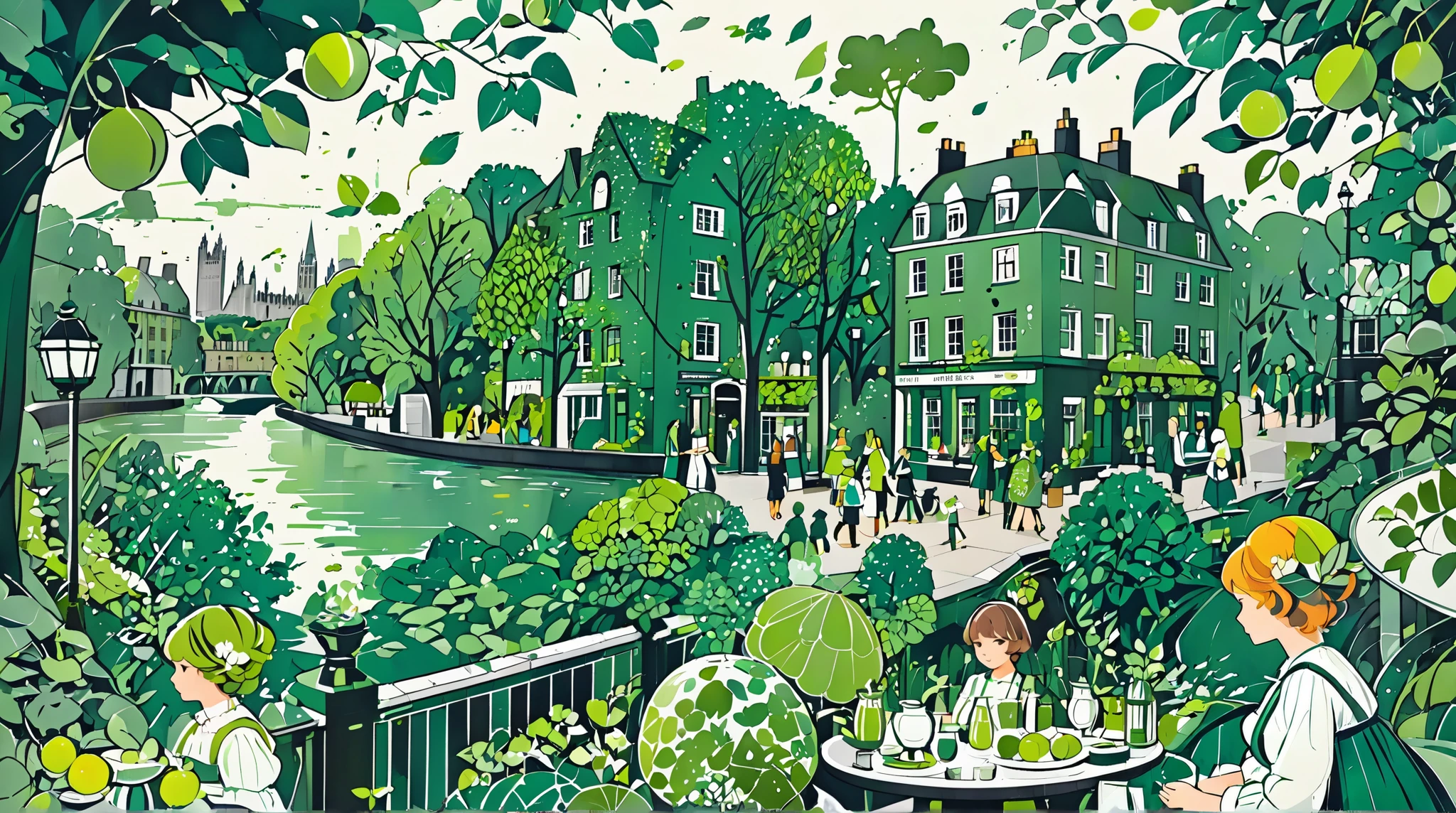 Nation, London, illustration with leaf green as the main color, Graphic, Game change, green, riverside, society, universe, collage illustration, lady, city, cute, beautiful, ivy green illustration, citron green illustration, emerald green illustration, Edinburgh, muffin