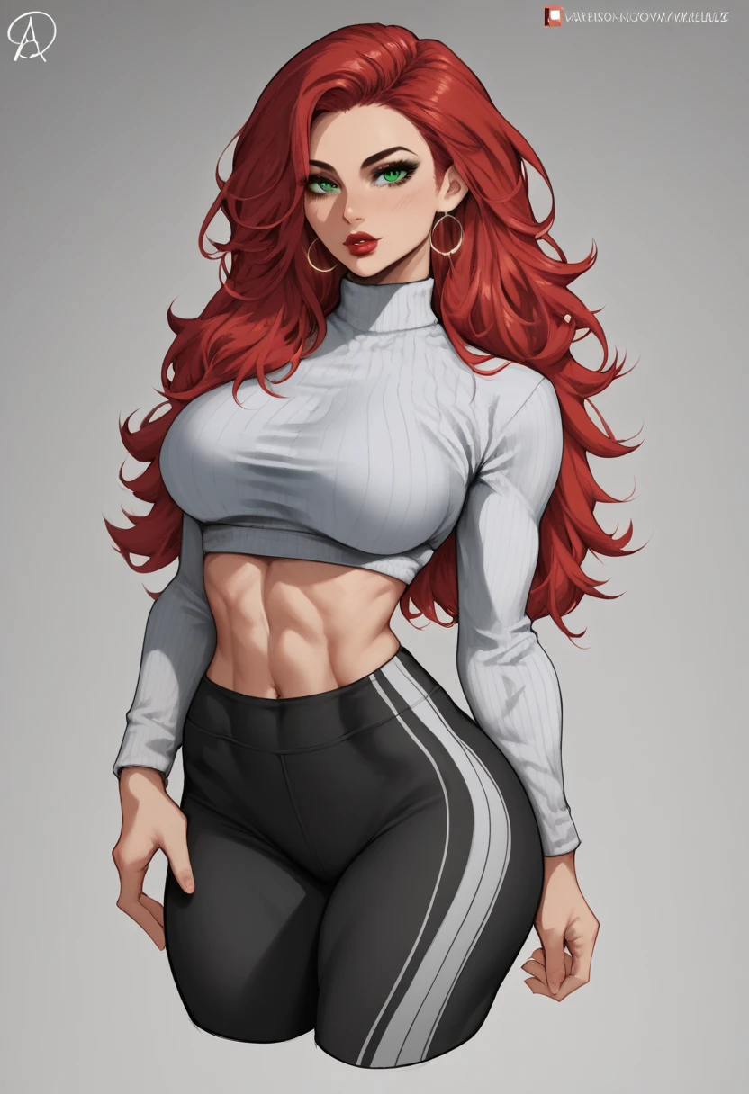 (masterpiece), best quality, expressive eyes, perfect face, red hair, green eyes, big breasts, fit body, hourglass figure, wide hips, natasha romanoff, long hair, bangs, green eyes, red hair, lipstick, makeup, decollete, cleavege, athletic, leggings, cropped zip up sweatshirt