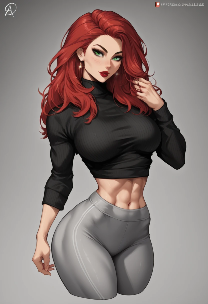 (masterpiece), best quality, expressive eyes, perfect face, red hair, green eyes, big breasts, fit body, hourglass figure, wide hips, natasha romanoff, long hair, bangs, green eyes, red hair, lipstick, makeup, decollete, cleavege, athletic, leggings, cropped zip up sweatshirt