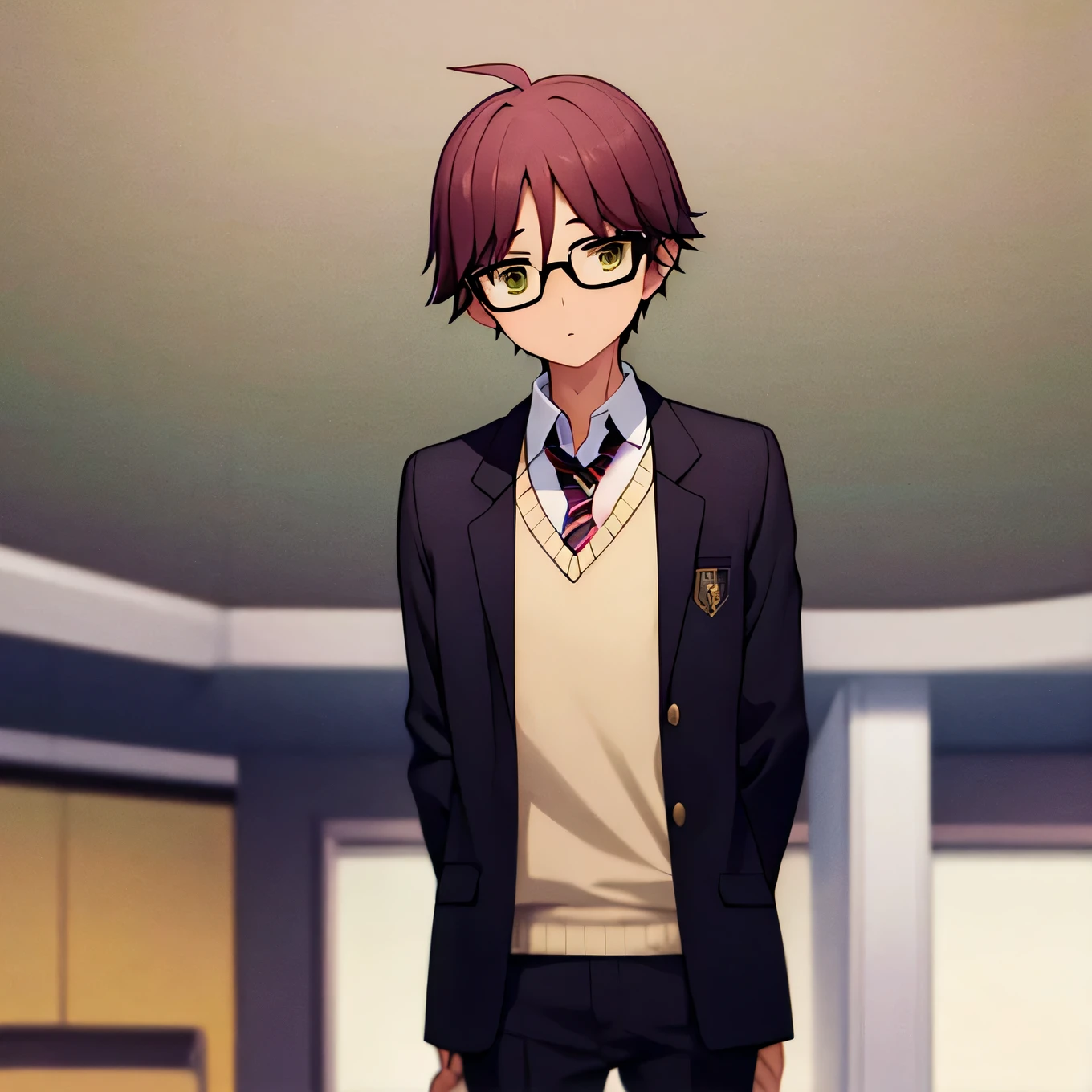 A boy, black shor hair, creen eyes, glasses, thin body frame, gentle expression. School Uniform. Looking to the front. In a classroom. 