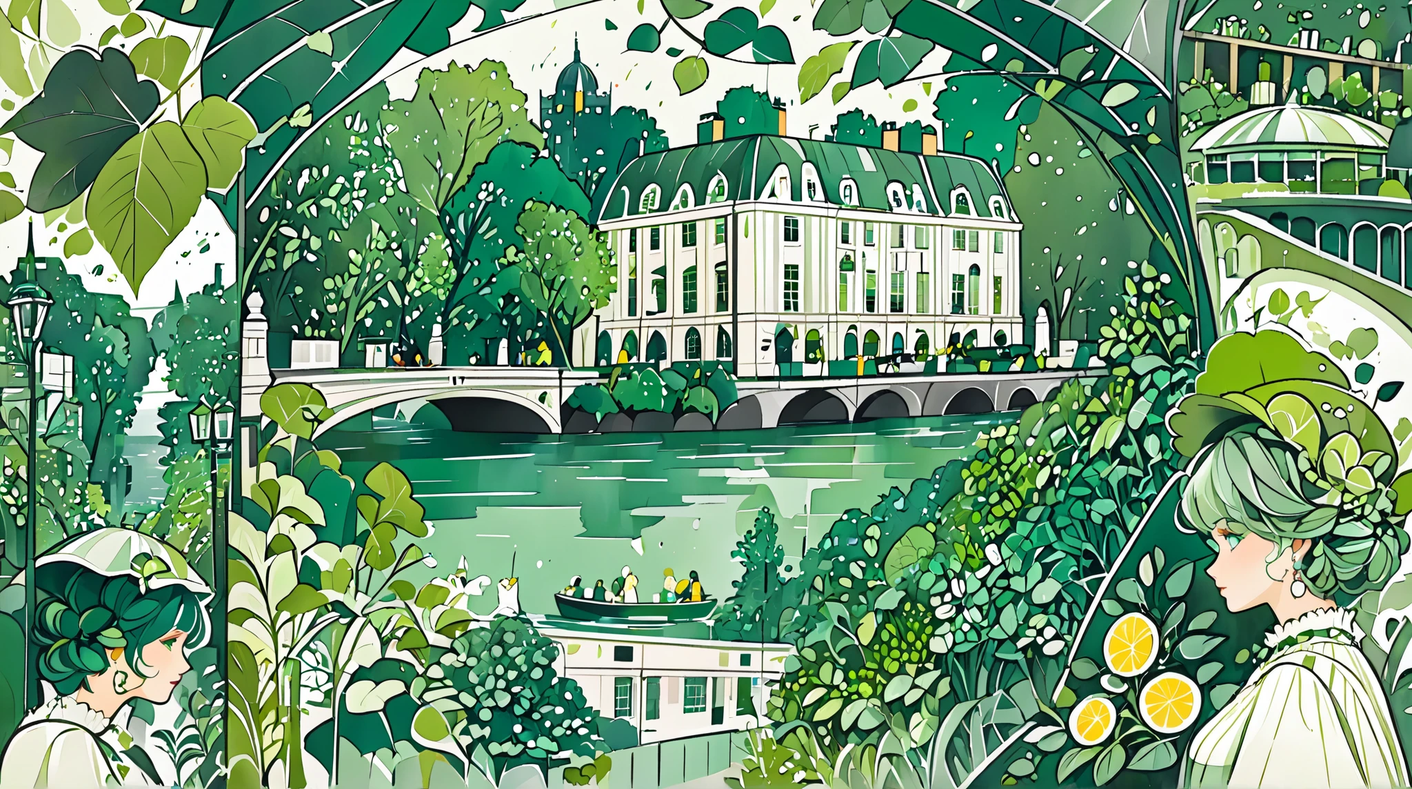 Nation, London, illustration with leaf green as the main color, Graphic, Game change, green, riverside, society, universe, collage illustration, lady, city, cute, beautiful, ivy green illustration, citron green illustration, emerald green illustration, Edinburgh, muffin