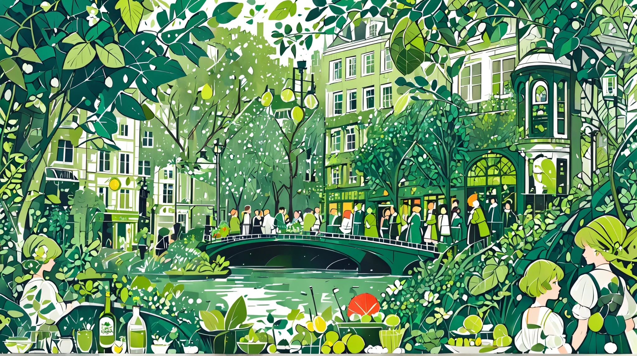 Nation, London, illustration with leaf green as the main color, Graphic, Game change, green, riverside, society, universe, collage illustration, lady, city, cute, beautiful, ivy green illustration, citron green illustration, emerald green illustration, Edinburgh, muffin