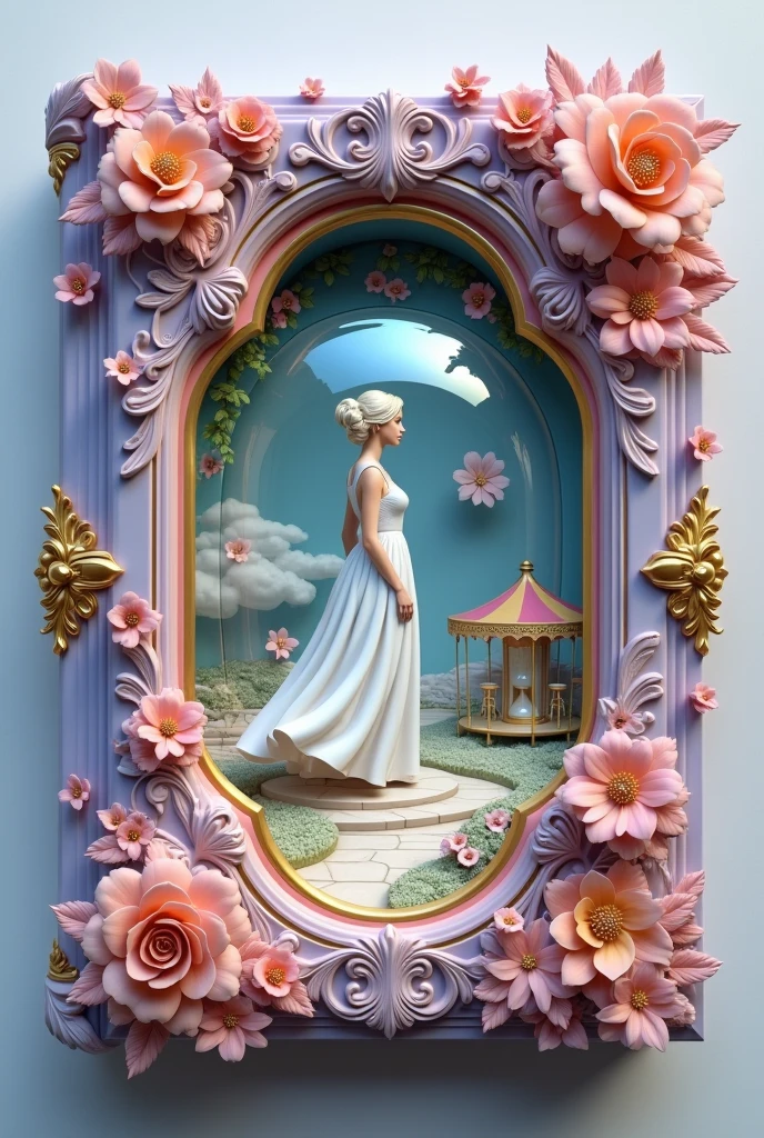 Prettiest 3D lavender, light pink, gold DIARY COVER carved sculpture gold victorian royal, inner design of the diary is big snow globe, inside design snow globe is flying hourglass, flying clock, flying book, flying bag, carousel, path, clouds, and white woman in dress, while crystal water, flowers and sunset background 