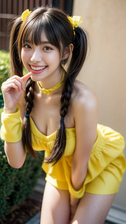 (realistic, photo-realistic:1.2), (masterpiece, best quality), high resolution, intricate details, extremely detailed, sharp focus, professional lighting, full body, Alone, 1girl, a Japanese female idol, (yellow clothes, idol costume), (face focus, standing with leaning forward, bent over), dark hair, (twintails hair, straight hair, blunt bangs, hair scrunchie, hair ornament:1.2), (detailed face, beautiful detailed eyes, sophisticated nose, beautiful pupils), ((cheerful grin, teeth out)), pale skin, fine-textured skin, (choker, jewelry), photo background, outdoors, blue sky and clouds,,,[Aki Suda, Cho-Tokimeki-Sendenbu ]、Finger gun　Make a gun with your fingers 、 wears an idol costume that boldly reveals her cleavage and looks like she's naked、
finger pointing