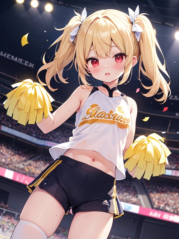 8k, highres, ultra detailed, (masterpiece:1.4), 1girl , bare shoulders , blush , cheering , cheerleader , crop top , fox ears , fox girl , fox tail , hair ornament , highleg panties , holding pom poms , long hair , looking at viewer , midriff , miniskirt , monochrome , navel , open mouth , panties , pom pom (cheerleading) , simple background , small breasts , solo , spot color , yellow eyes