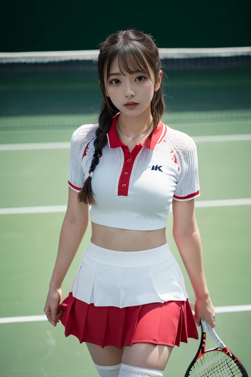 masterpiece, best quality, illustration, Super detailed, fine details, High resolution, 8K,wall paper, perfect dynamic composition, front view, standing, 18 year old girl, tennis player, Gravure Idol, cute type, (Details High quality, realistic depiction of eyes:1.3), (Colossal tits:1.2), expresses the roundness and softness of your chest., low ponytail, bangs, black hair color, Dark makeup, Big Natural Color Lip, thick thighs, perfect body shape, plump figure, large hips, beautiful clavicle, white tennis uniform, short sleeve, shirt, skirt, socks, tennis shoes, depth of fields, natural lighting