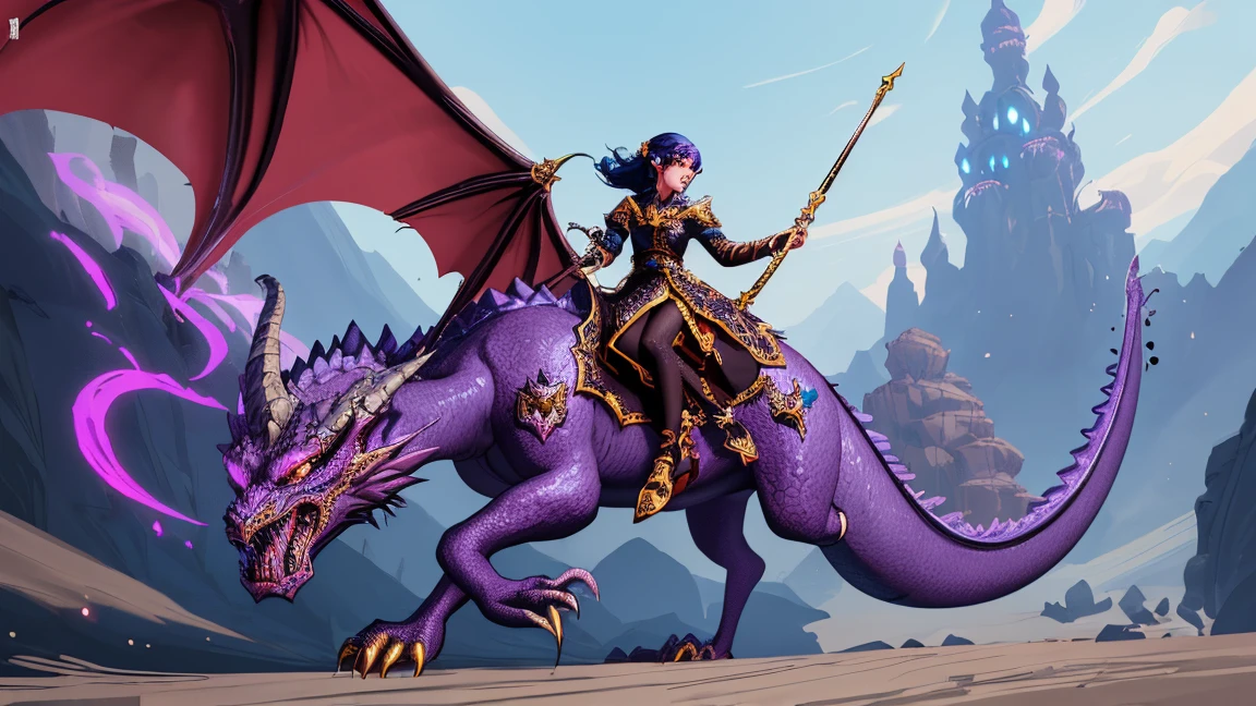 (Woman, riding a dragon with three purple heads with only lightning in its mouth, covered in black armor all over the body, glued to the skin, very big chest) (in a city at night raining, starry sky, with a northern lights)