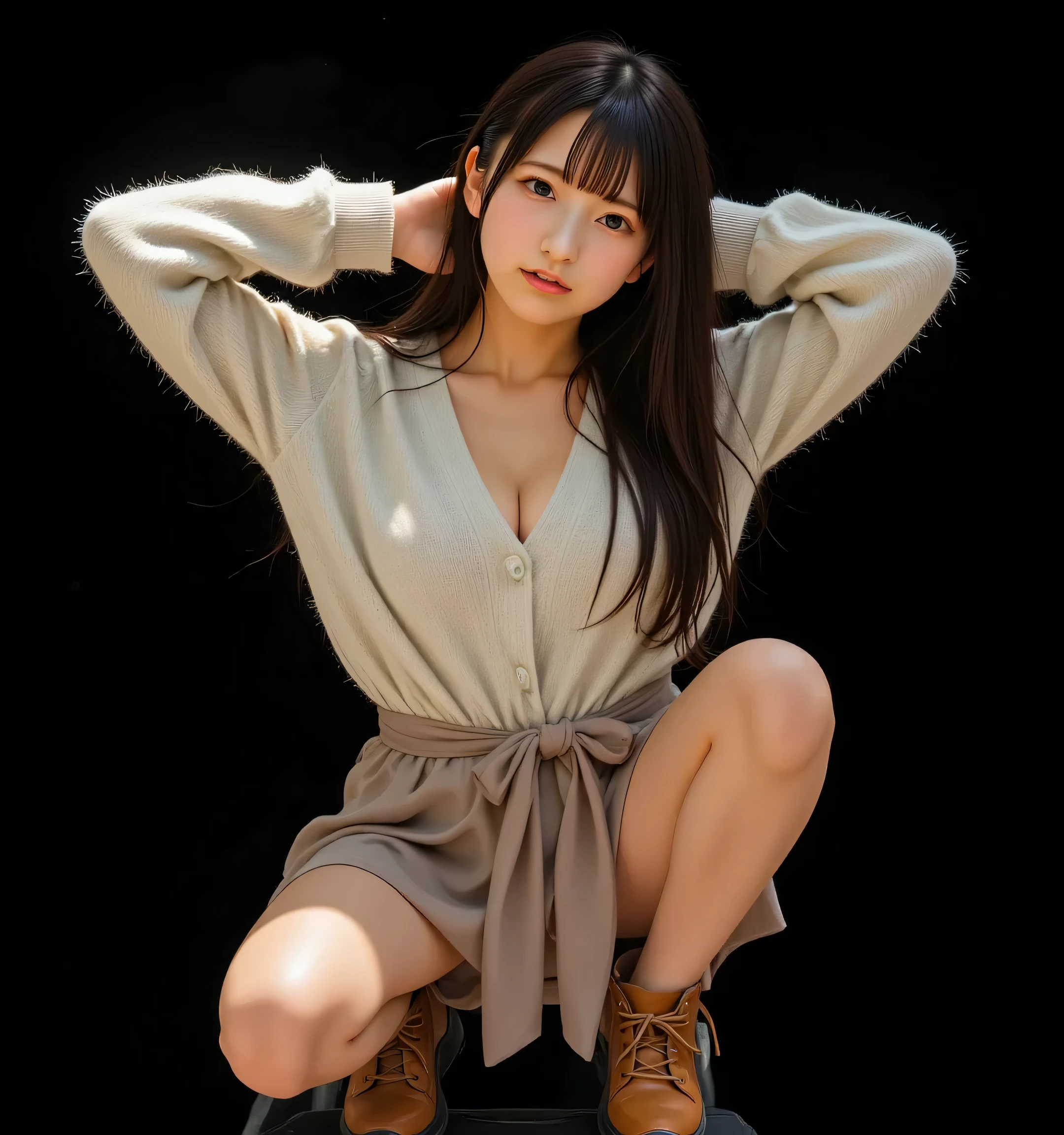 ulzzang-6500-v1.1, (raw photo:1.2), (photorealistic:1.4), beautiful detailed girl, very detailed eyes and face, beautiful detailed eyes, ridiculous, incredibly ridiculous, huge file size, super detailed, high resolution, very detailed, best quality, masterpiece, kemomimi, ((Japanese girls' high school uniform)), illustration, very detailed, CG, unified, 8k wallpaper, amazing, Fine details, masterpiece, best quality, very detailed CG uniform 8k wallpaper, light on face, cinematic lighting, 1girl, 16 years old, ((no panties)), ((dynamic pose))), (camel toe), (half), (pantyhose), (knee-bending leg sitting))