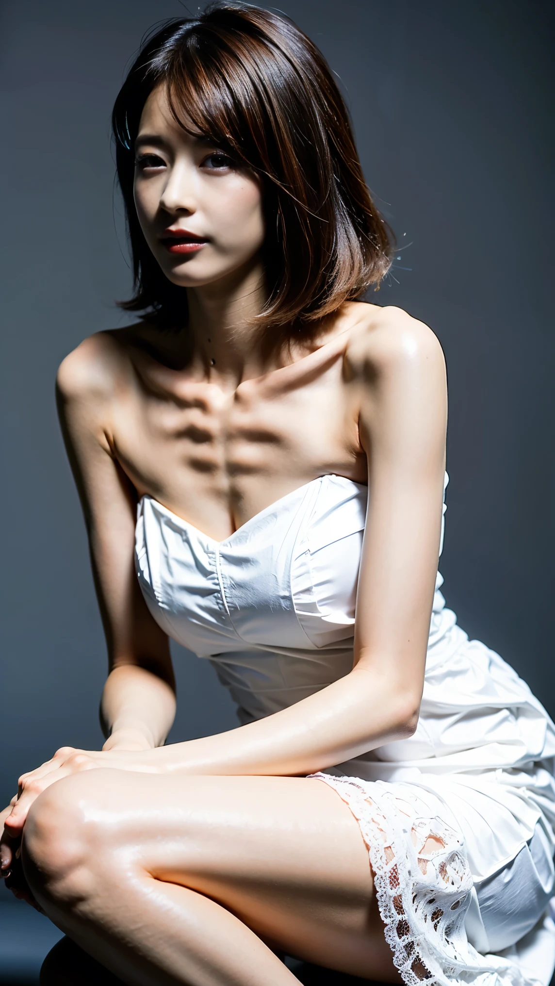 Masterpiece 8k, cute, ((slim)), ((flat abs)), blush, (small breasts petite), (she wants to touch the man's crotch), (underhair), embarrassing pose while rubbing, pink areola, white skin, white transparent bride veil, wearing a small small transparent string, (((Lifted by men in a dark room and opens legs to show the viewer the crotch She is collared and on all fours)), (((Sperm splashed on the face: 1.2)))), golden choker, wedding ring, Looking at the camera, getting roughed up by men in close-up Crying expression that destroys happiness, breast exposed ((Collared like a dog and squatting and pee)), woman is going to be by many uncles, pervert 1 Sucking a long and thick toy