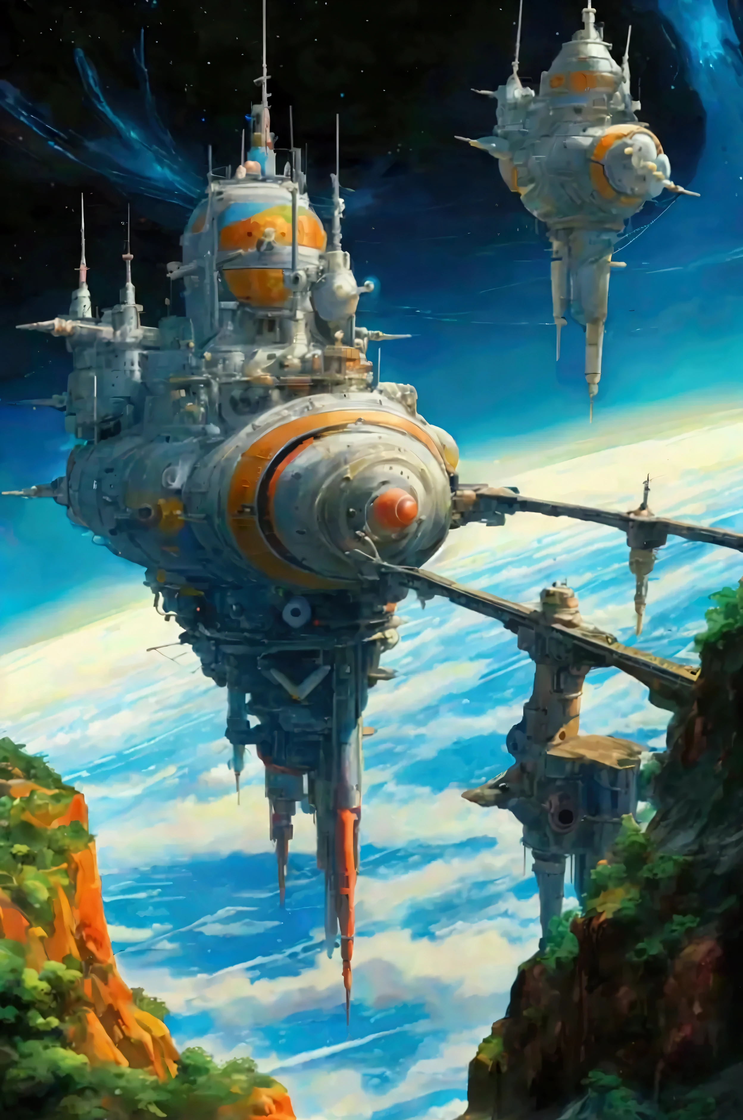 Akira Toriyama style of painting, manga, Japanese anime, Clockwork space station, tin toy space station, an old and rusty space station, a space station that emits a strange light, a planet that emits a complex light, a nebula that emits a complex light that can be seen in the distance,