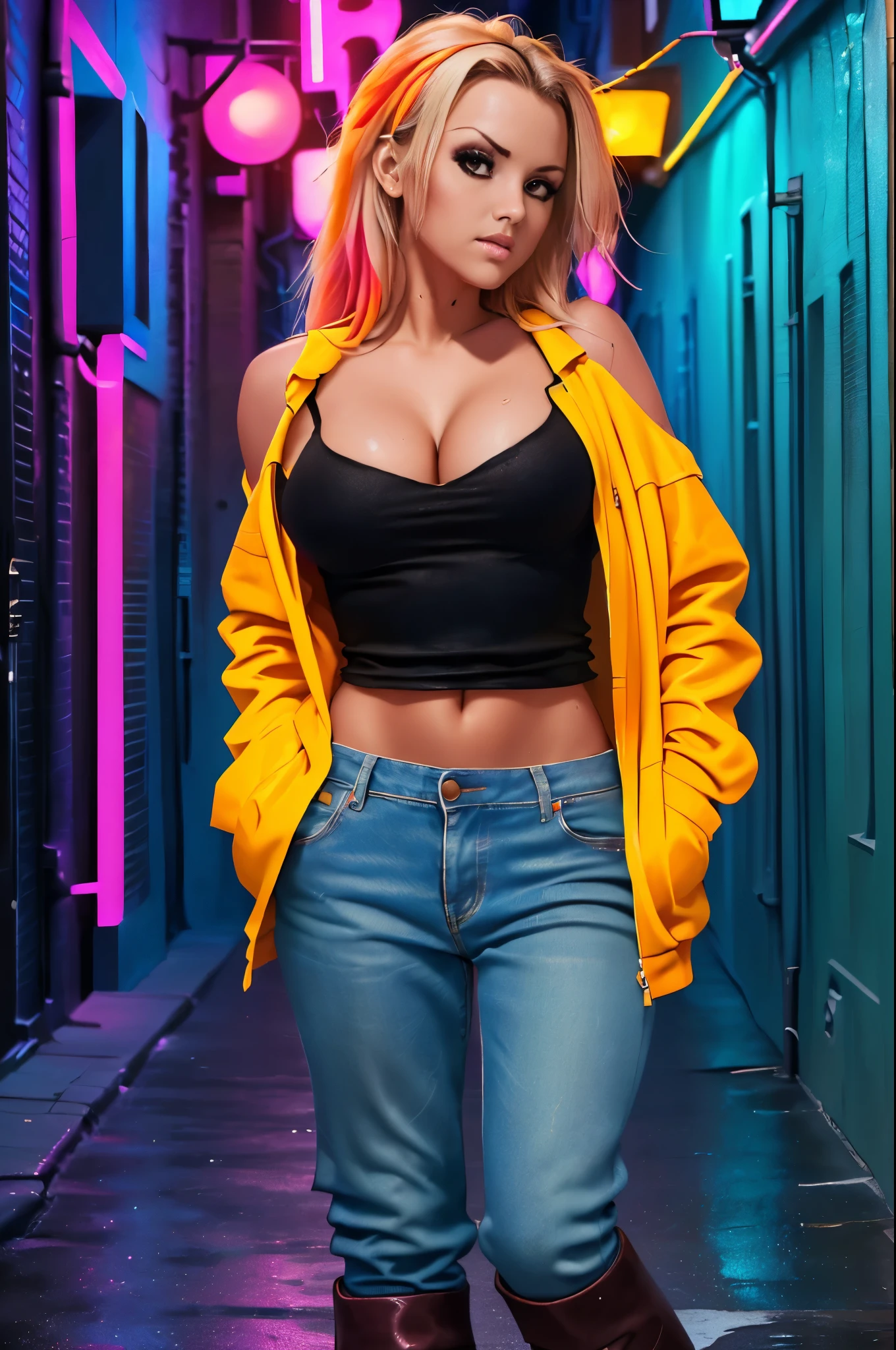 (((8k wallpaper of extremely detailed CG unit:1.2, ​masterpiece, hight resolution:1.2, top-quality:1.2, masutepiece))), ((a very beautiful ultra hot woman, Hands in pockets:1.8, Cyberpunk Street sexy fashion:1.2, wearing a colorful jacket:1.2, denim, Wearing boots)), ((extra detailed face, damp , cleavage , Highly detailed black eyes, extra detailed body, Top quality real texture skins)), (Red Straight Hair:1.2, de pele branca, exposed shoulder), ((Empty alley, Mileland. natta, Neon Street)), (hyper realisitic, digitial painting,frankie.babe