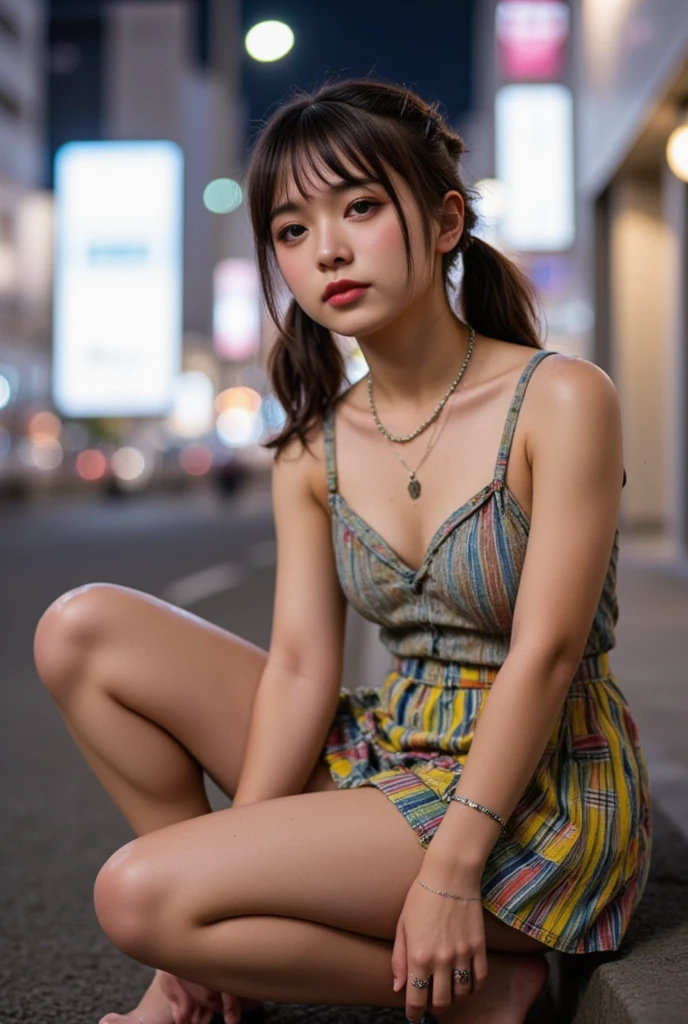 NSFW,
photography, film, depth of field, realistic skin texture, realistic photo, taken with smartphone, documentary,
pigtails, bangs,
(one girl, junior idol, teenage girl, Japanese girl, runaway girl),
messy hair, cute face, looking at camera, full body,
she is wearing necklace, (stained camisole, stained super mini skirt), friendship bracelet, anklet, but no panties, no underwear,
she is wearing colorful camisole top with thin shoulder straps,
she is wearing colorful super mini pleated skirt,
her pussy is visible from the hem of the super mini pleated skirt,
her body is plump with not much of a waistline, big ass and thick thighs, giving an overall underdeveloped impression,
She has super big breasts as big as her head,
(Gigantic Bust: 1.6),
She is fat with big breasts,
She has thick legs,
She is still in her early teens but ran away from home and is making a living by prostituting herself,
She is sitting on the edge of the sidewalk with her legs stretched out,
She is playing with her smartphone,
She spreads her legs and shows her pussy to get the man's attention,
She looks up at me with the camera pointed at her,
She looks at the camera and smiles sadly as if to fawn,
She hasn't washed her body so her whole body is filthy, her clothes, skin and hair are dirty,
There is a plastic bag full of junk next to her,
This is a corner of Shinjuku's downtown, (night, downtown at night), town, city, downtown,
Various types of garbage are scattered on the street, condoms, (used condoms),