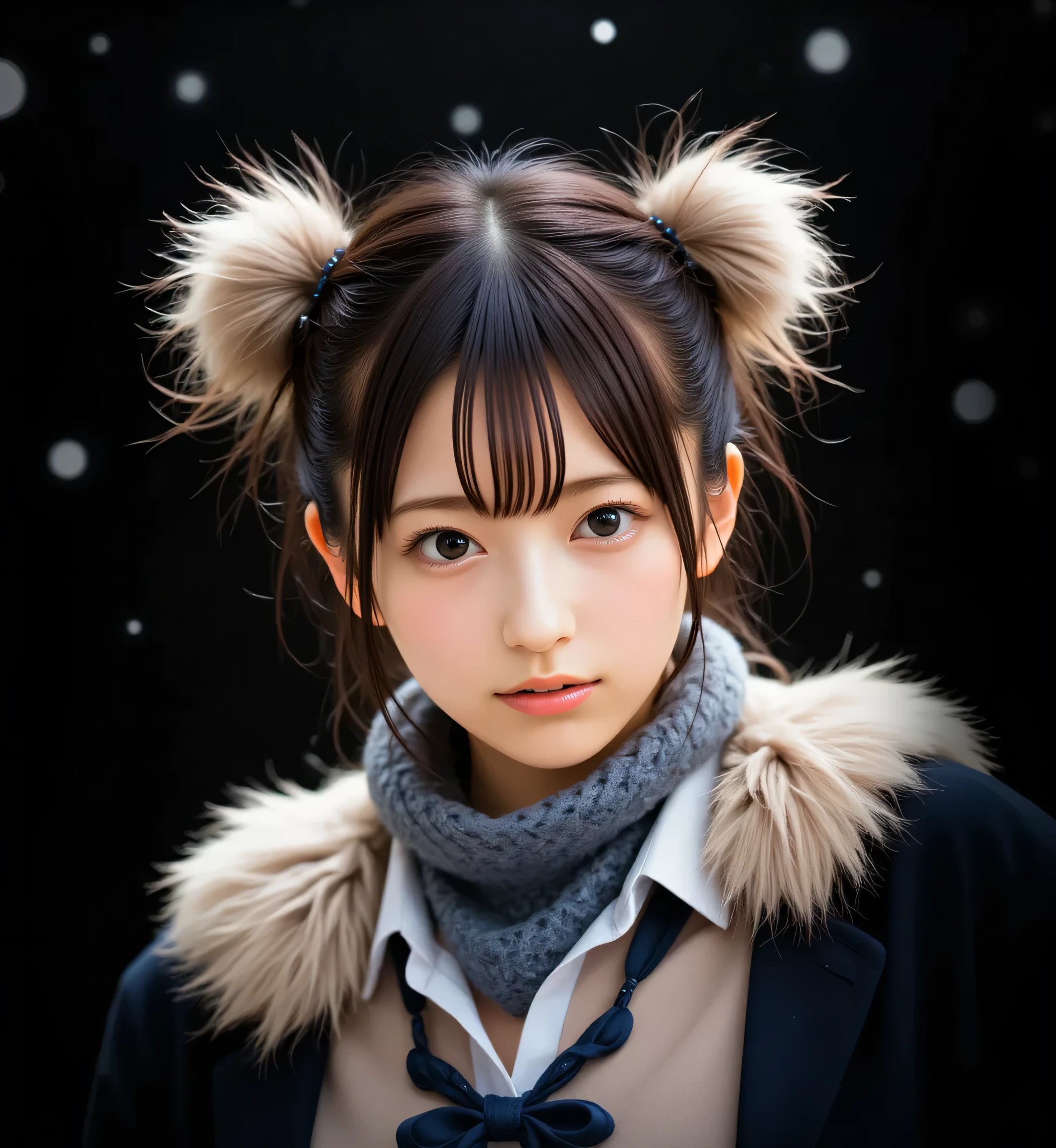 (( coal mine without makeup 、 closes the eye 、 Shut your mouth.:1.2))、( realistic 、 Photo realistic 、 super detailed、 realistic skin type 、 in、 has the thinnest skin on the inside 、 top quality、 Penis Masterpiece 、 super high resolution )、 very short hair 、、 high school girl with visible armpits 、 young girl、 1 girl、 bang 、 double eyelid 、Drooling eyes、 the face of Japan 、purity、Double teeth、 realistic 肌タイプ、Thick muffler、 grey scarf 、 fluffy hair that pulls the body together、(( Inside is 、 the hair is a muffler :1.3))、 red cheeks 、 the wind is blowing 、that' snow is falling 、 knight 、illumination、 in、 and the light shines from behind ,(( Cowboy Shots))、