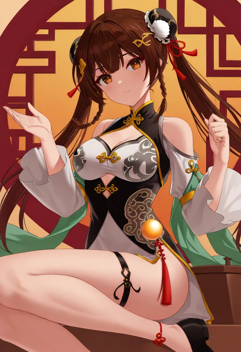 score_9, score_8_up, score_7_up, source_anime, 1girl, sushangdef, brown eyes, brown hair, long hair, twintails, braid, hair ornament, bare shoulders, long sleeves, shoulder cutout, clothing cutout, cleavage cutout, white dress, chinese clothes, tassel, thigh strap, black footwear, 