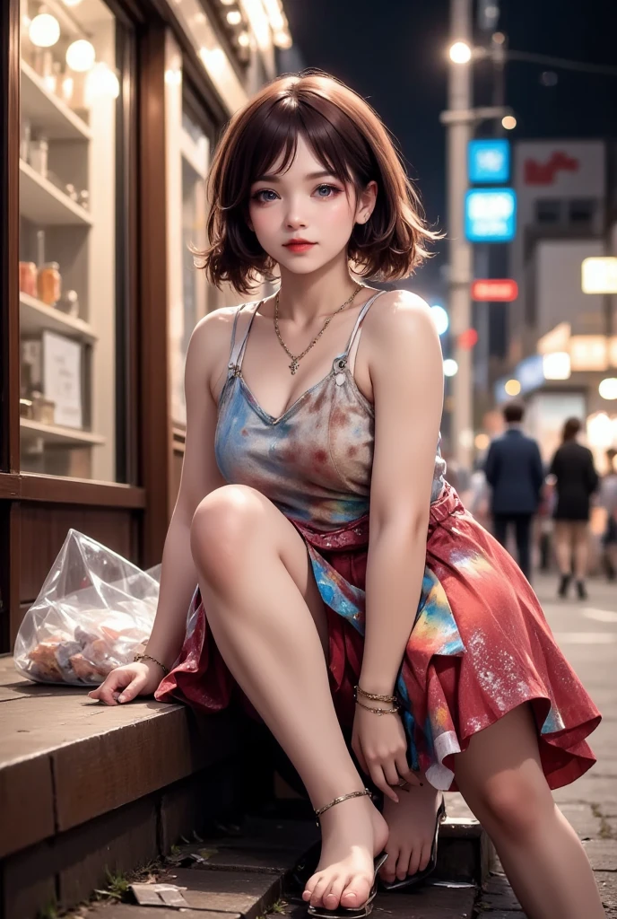 NSFW,
photography, film, depth of field, realistic skin texture, realistic photo, taken with smartphone, documentary,
pigtails, bangs,
(one girl, junior idol, teenage girl, Japanese girl, runaway girl),
messy hair, cute face, looking at camera, full body,
she is wearing necklace, (stained camisole, stained super mini skirt), friendship bracelet, anklet, but no panties, no underwear,
she is wearing colorful camisole top with thin shoulder straps,
she is wearing colorful super mini pleated skirt,
her pussy is visible from the hem of the super mini pleated skirt,
her body is plump with not much of a waistline, big ass and thick thighs, giving an overall underdeveloped impression,
She has super big breasts as big as her head,
(Gigantic Bust: 1.6),
She is fat with big breasts,
She has thick legs,
She is still in her early teens but ran away from home and is making a living by prostituting herself,
She is sitting on the edge of the sidewalk with her legs stretched out,
She is playing with her smartphone,
She spreads her legs and shows her pussy to get the man's attention,
She looks up at me with the camera pointed at her,
She looks at the camera and smiles sadly as if to fawn,
She hasn't washed her body so her whole body is filthy, her clothes, skin and hair are dirty,
There is a plastic bag full of junk next to her,
This is a corner of Shinjuku's downtown, (night, downtown at night), town, city, downtown,
Various types of garbage are scattered on the street, condoms, (used condoms),