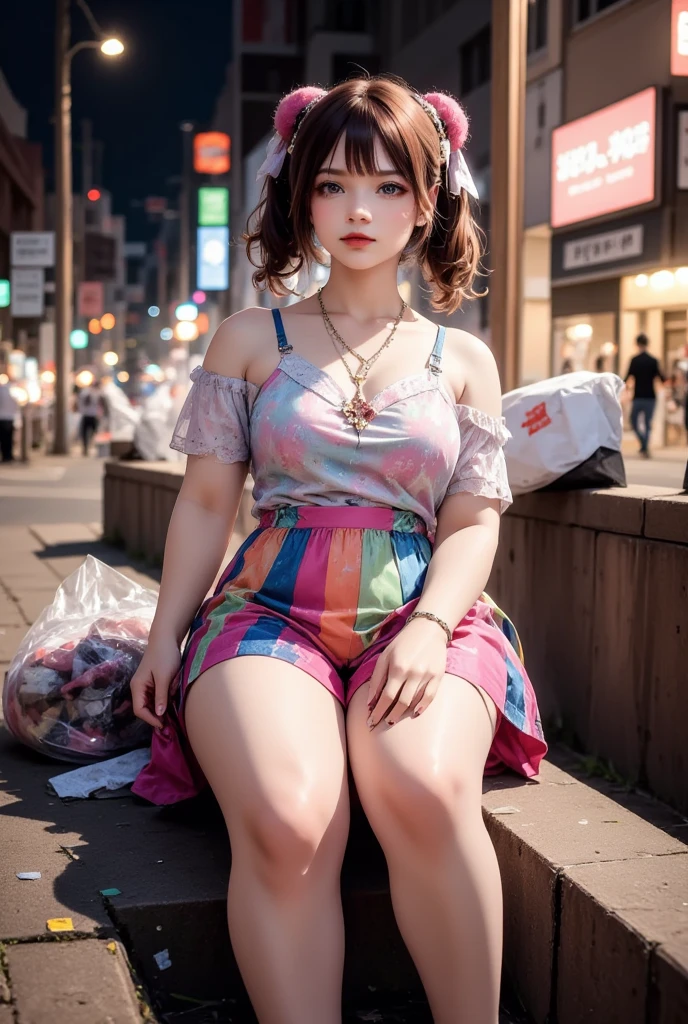 NSFW,
photography, film, depth of field, realistic skin texture, realistic photo, taken with smartphone, documentary,
pigtails, bangs,
(one girl, junior idol, teenage girl, Japanese girl, runaway girl),
messy hair, cute face, looking at camera, full body,
she is wearing necklace, (stained camisole, stained super mini skirt), friendship bracelet, anklet, but no panties, no underwear,
she is wearing colorful camisole top with thin shoulder straps,
she is wearing colorful super mini pleated skirt,
her pussy is visible from the hem of the super mini pleated skirt,
her body is plump with not much of a waistline, big ass and thick thighs, giving an overall underdeveloped impression,
She has super big breasts as big as her head,
(Gigantic Bust: 1.6),
She is fat with big breasts,
She has thick legs,
She is still in her early teens but ran away from home and is making a living by prostituting herself,
She is sitting on the edge of the sidewalk with her legs stretched out,
She is playing with her smartphone,
She spreads her legs and shows her pussy to get the man's attention,
She looks up at me with the camera pointed at her,
She looks at the camera and smiles sadly as if to fawn,
She hasn't washed her body so her whole body is filthy, her clothes, skin and hair are dirty,
There is a plastic bag full of junk next to her,
This is a corner of Shinjuku's downtown, (night, downtown at night), town, city, downtown,
Various types of garbage are scattered on the street, condoms, (used condoms),