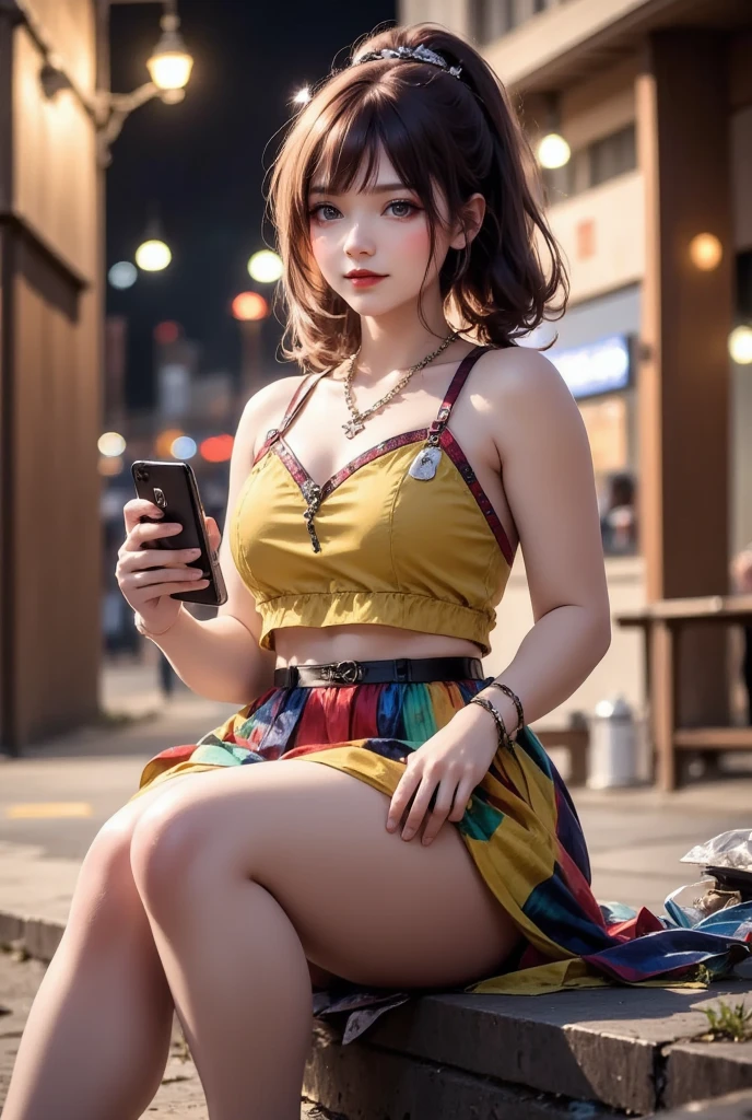 NSFW,
photography, film, depth of field, realistic skin texture, realistic photo, taken with smartphone, documentary,
pigtails, bangs,
(one girl, junior idol, teenage girl, Japanese girl, runaway girl),
messy hair, cute face, looking at camera, full body,
she is wearing necklace, (stained camisole, stained super mini skirt), friendship bracelet, anklet, but no panties, no underwear,
she is wearing colorful camisole top with thin shoulder straps,
she is wearing colorful super mini pleated skirt,
her pussy is visible from the hem of the super mini pleated skirt,
her body is plump with not much of a waistline, big ass and thick thighs, giving an overall underdeveloped impression,
She has super big breasts as big as her head,
(Gigantic Bust: 1.6),
She is fat with big breasts,
She has thick legs,
She is still in her early teens but ran away from home and is making a living by prostituting herself,
She is sitting on the edge of the sidewalk with her legs stretched out,
She is playing with her smartphone,
She spreads her legs and shows her pussy to get the man's attention,
She looks up at me with the camera pointed at her,
She looks at the camera and smiles sadly as if to fawn,
She hasn't washed her body so her whole body is filthy, her clothes, skin and hair are dirty,
There is a plastic bag full of junk next to her,
This is a corner of Shinjuku's downtown, (night, downtown at night), town, city, downtown,
Various types of garbage are scattered on the street, condoms, (used condoms),