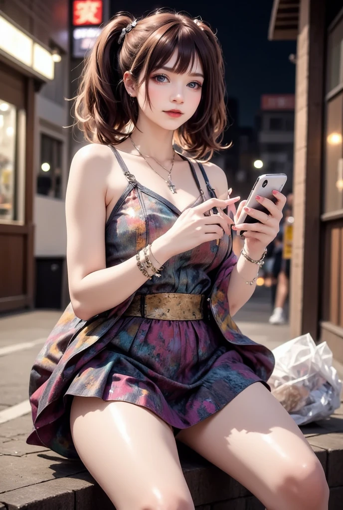 NSFW,
photography, film, depth of field, realistic skin texture, realistic photo, taken with smartphone, documentary,
pigtails, bangs,
(one girl, junior idol, teenage girl, Japanese girl, runaway girl),
messy hair, cute face, looking at camera, full body,
she is wearing necklace, (stained camisole, stained super mini skirt), friendship bracelet, anklet, but no panties, no underwear,
she is wearing colorful camisole top with thin shoulder straps,
she is wearing colorful super mini pleated skirt,
her pussy is visible from the hem of the super mini pleated skirt,
her body is plump with not much of a waistline, big ass and thick thighs, giving an overall underdeveloped impression,
She has super big breasts as big as her head,
(Gigantic Bust: 1.6),
She is fat with big breasts,
She has thick legs,
She is still in her early teens but ran away from home and is making a living by prostituting herself,
She is sitting on the edge of the sidewalk with her legs stretched out,
She is playing with her smartphone,
She spreads her legs and shows her pussy to get the man's attention,
She looks up at me with the camera pointed at her,
She looks at the camera and smiles sadly as if to fawn,
She hasn't washed her body so her whole body is filthy, her clothes, skin and hair are dirty,
There is a plastic bag full of junk next to her,
This is a corner of Shinjuku's downtown, (night, downtown at night), town, city, downtown,
Various types of garbage are scattered on the street, condoms, (used condoms),