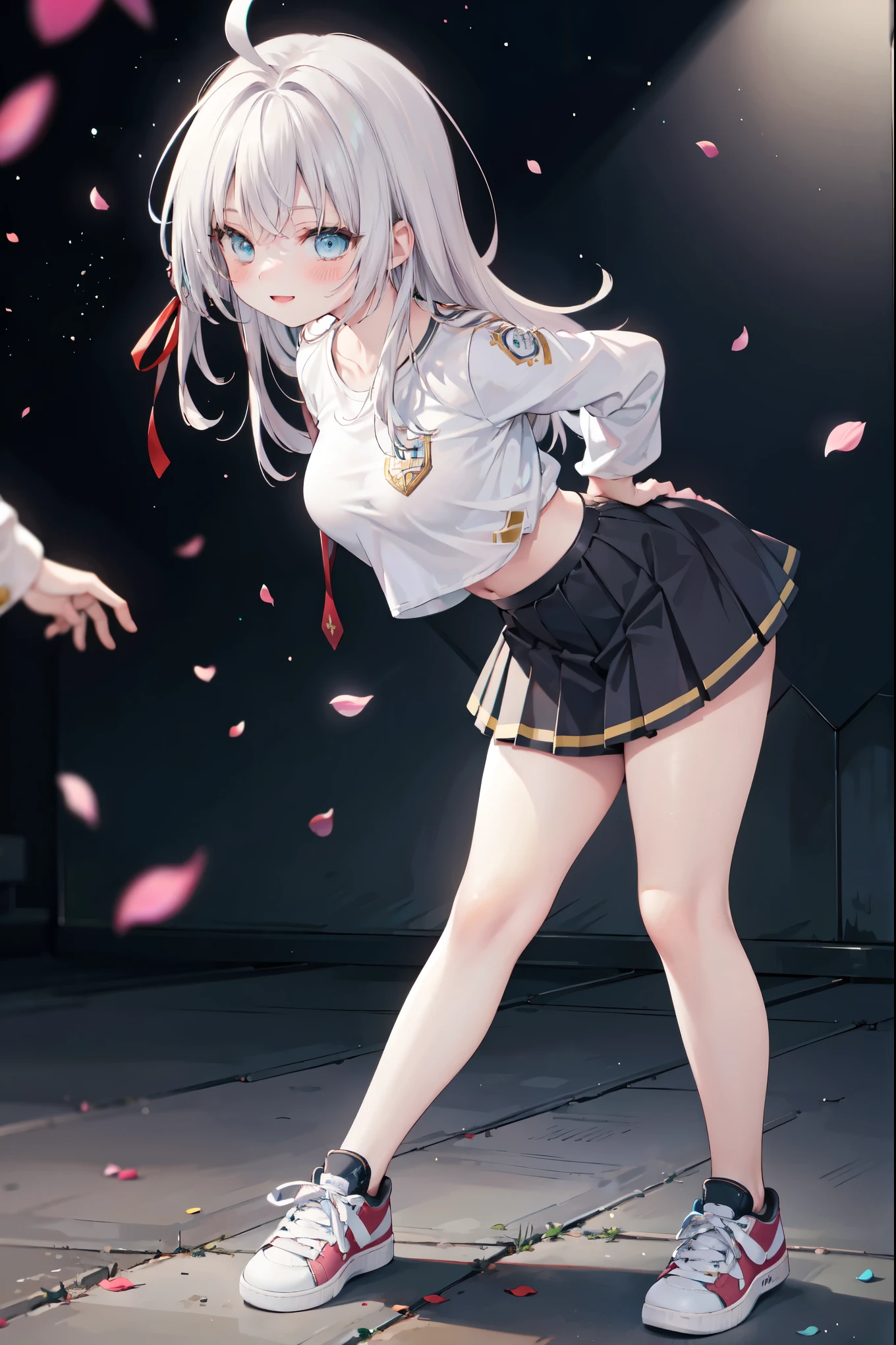 realistic image, detailed image, coherent image, 1 beautiful girl, she has very long hair, white hair, light blue eyes, smiling expression. She is wearing a long-sleeved t-shirt, showing her navel, a pleated miniskirt, sneakers, She has a curvy body, medium breasts and thick thighs, She is posing sensually, lifting her skirt a little, arching her back, black background, uniform background, starry night, flower petals falling around, Soft focus, full body view, Dramatic shadows, Volumetric lighting, natural lighting,Alisa Mikhailovna Kujou,ahoge