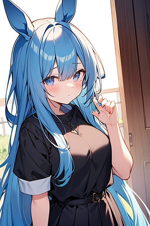 1girl,solo,helena (azur lane),blue_hair,very_long_hair,ahoge,purple_eyes,bangs,collarbone,blush,sidelocks,hair_between_eyes, casual outfit, oversized shirt, blue shirt, bare legs, hair ornament, standing, from below, looking up, doorway