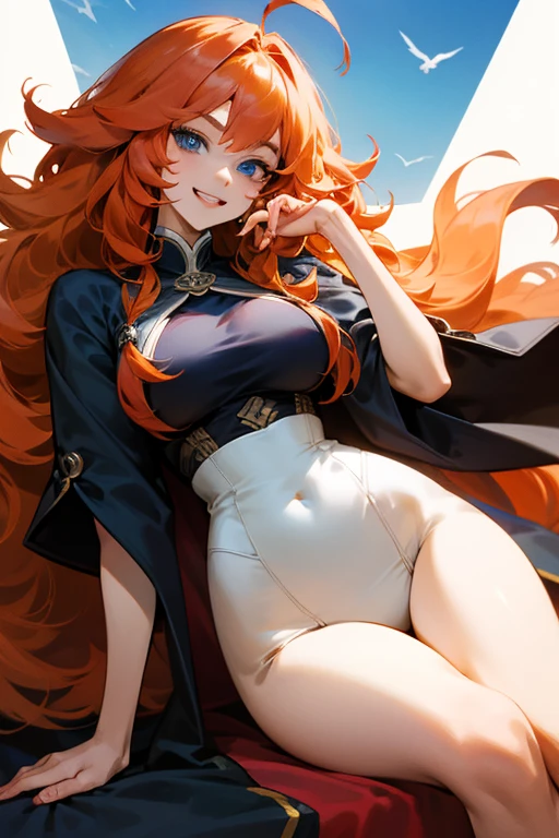 1 girl、High resolution、masterpiece、(alena-dq4、DQ4-ALENA、orange hair)、smile、standing with legs spread、slouch、slender、muscular、thin thighs、tits、outdoor、Sunny sky、sunny、navy blue hat、cape、mini dress、boots、(((Lower body bare only、Pubic hair detailed one by one、Very thin pubic hair)))、attacking with a kick、Attacking with the legs、Photograph her from below、white tights with detailed decorations