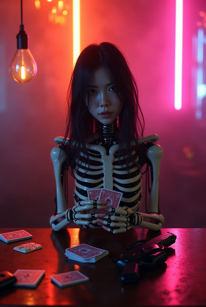 Pink bloody wig with no head sitting on arcade game black woman holds the wig up with her arms you cannot see her face or body just the arm