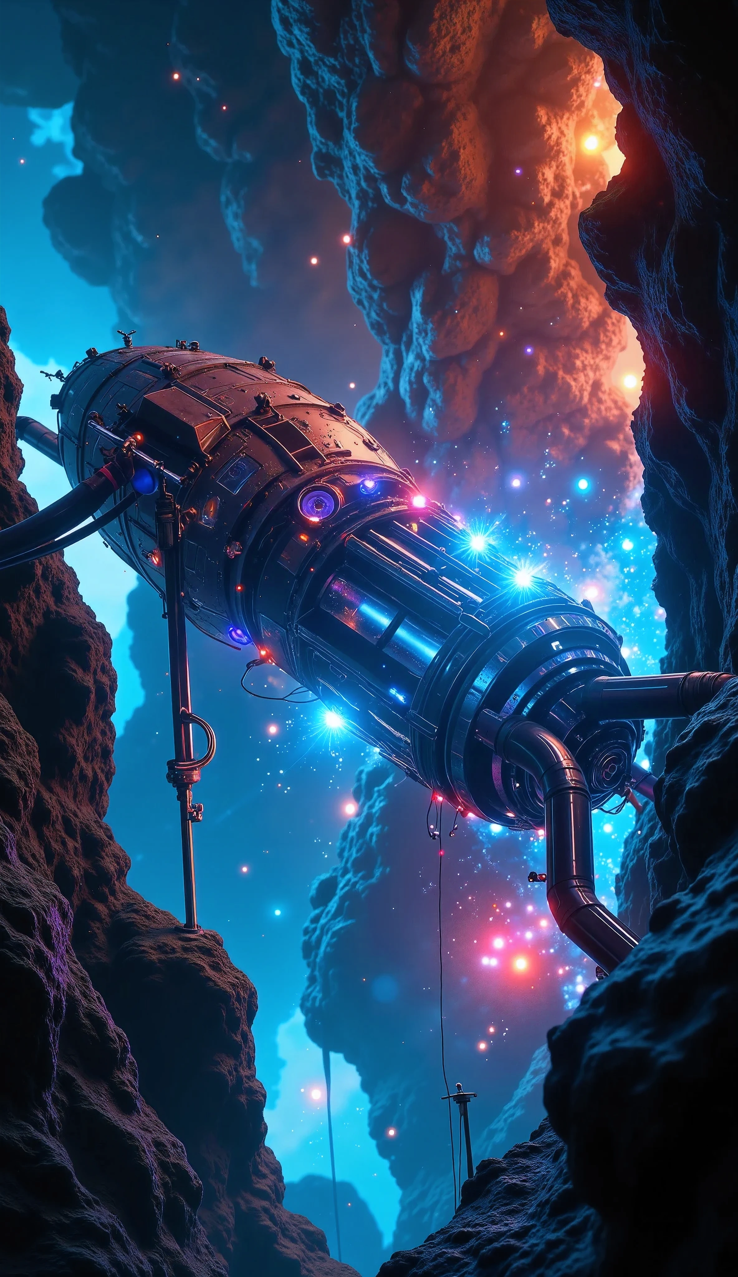 (A space station built with a crockpunk precision mechanical structure, Product image of ), (Extremely precise space station, solo, BREAK CROCKPUNK's precision mechanical structure, cyberpunk, neongraphty, Futuristic advanced design ), It creates one large national city floating in space , ( It's a space station with a simple, dynamic design without waste, It is powered by invisible cosmic energy , It's an open structure to improve maintainability , Precise gears are built into every part , colorful hoses that supply hydraulic pressure and air pressure are connected ), very cool design, ( Some parts carved out of solid metal materials shine , Realistic metal texture repels sunlight with specular reflection I will return ), Mysterious Space Background , \I'm drifting through space and time where I forgot everything and stopped \, ARW, best quality, masterpiece, highres, high details, high details, super detail, UHD, 16k, retina