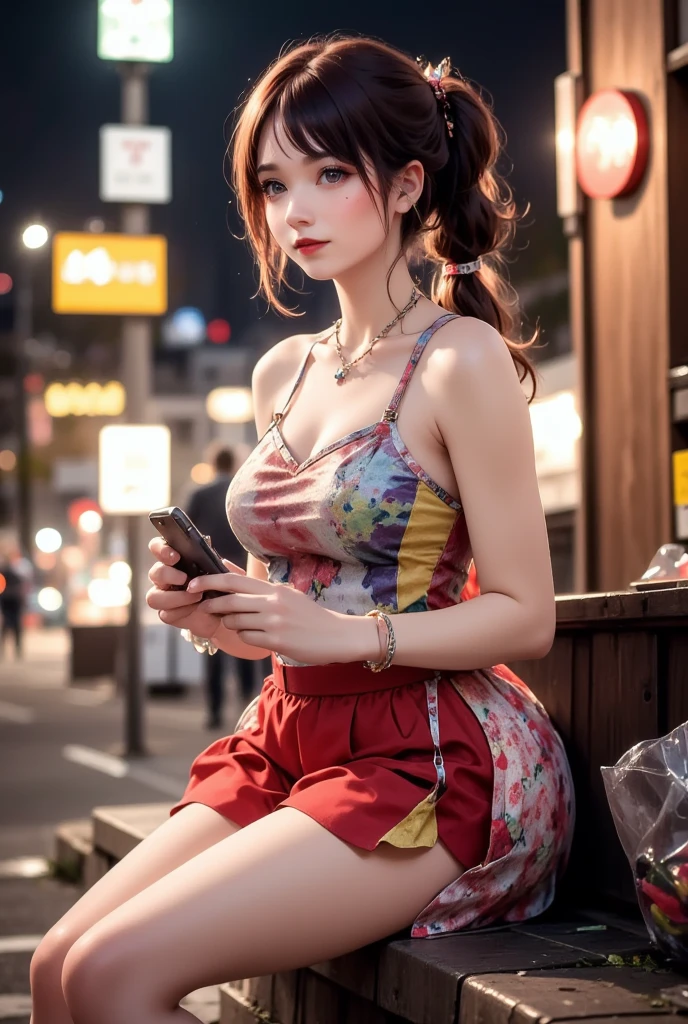 NSFW,
photography, film, depth of field, realistic skin texture, realistic photo, taken with smartphone, documentary,
pigtails, bangs,
(one girl, junior idol, teenage girl, Japanese girl, runaway girl),
messy hair, cute face, looking at camera, full body,
she is wearing necklace, (stained camisole, stained super mini skirt), friendship bracelet, anklet, but no panties, no underwear,
she is wearing colorful camisole top with thin shoulder straps,
she is wearing colorful super mini pleated skirt,
her pussy is visible from the hem of the super mini pleated skirt,
her body is plump with not much of a waistline, big ass and thick thighs, giving an overall underdeveloped impression,
She has super big breasts as big as her head,
(Gigantic Bust: 1.6),
She is fat with big breasts,
She has thick legs,
She is still in her early teens but ran away from home and is making a living by prostituting herself,
She is sitting on the edge of the sidewalk with her legs stretched out,
She is playing with her smartphone,
She spreads her legs and shows her pussy to get the man's attention,
She looks up at me with the camera pointed at her,
She looks at the camera and smiles sadly as if to fawn,
She hasn't washed her body so her whole body is filthy, her clothes, skin and hair are dirty,
There is a plastic bag full of junk next to her,
This is a corner of Shinjuku's downtown, (night, downtown at night), town, city, downtown,
Various types of garbage are scattered on the street, condoms, (used condoms),