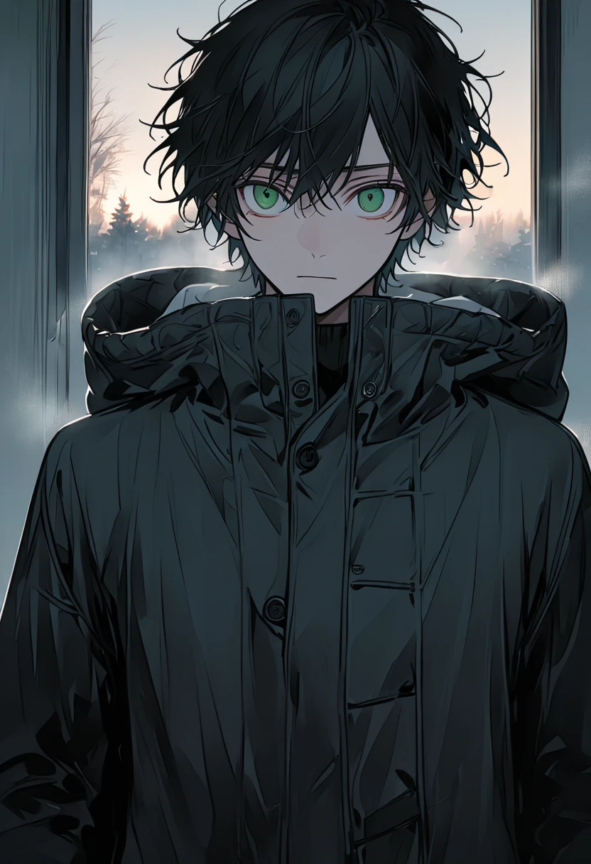 solo male, young, Green eyes, long black hair, confused, morning, very cute, wearing warm clothes, cold winter background