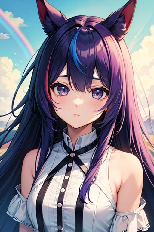 Woman, with purple long hair, big green eyes, short windy hair, big cat years on her head, the background is a rainbow