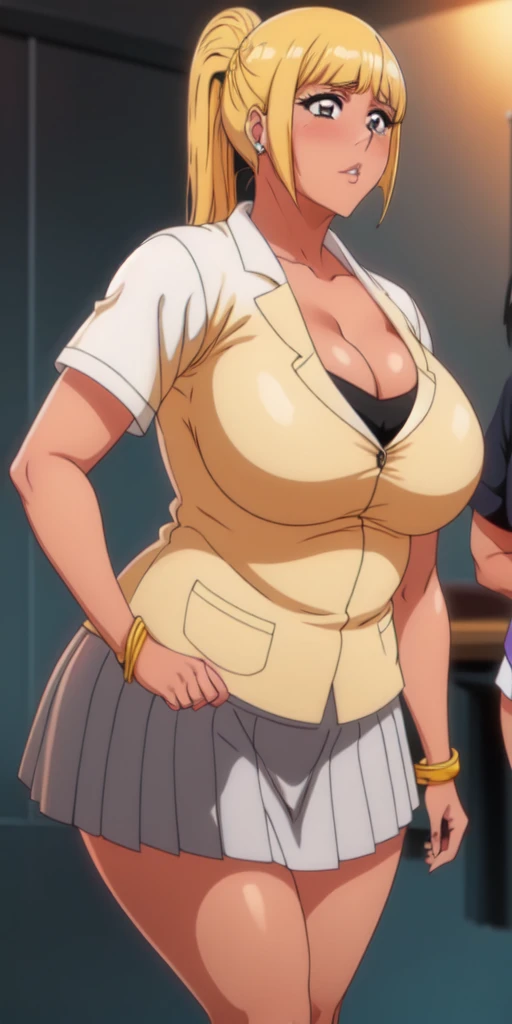 Orihime Inoue,Bleach artstyle,Big breast,Enchanted big breast,Thick lips,((((white school uniform and grey skirt)))),Cleavage,Curvy figure,Plump,Hoopa bracelet,Long nail,Side burn visible,look at viewer,(((bright yellow blond color hair))),((head facing front)),High quality,Highres,Humongous big breast,visible ear,Big cleavage,light blush,((blue Stud earring)),((A lot of piercing)),((black Chocker)),Hyper Detail,((dark colored Skin)),((tanned Gyaru)),Crossing arm,Detailed lips,Colorless lips,unbuttoned plain white shirt,cleavage,mono color hair,((super ponybun)),Top knot bun,((Solo)),((1girl)),light blush,flirty,Enchanted big breast,ease eyebrow,Detailed eyes,Swaying hips,no sweatcalm expression,bored expression,Ease up eyebrow,Flirty attitude,Acting cute,hand in hip,((symetrical bang hair)),Body facing front,Gaze on front,((blunt Hime cut bang hair)),Visible nape