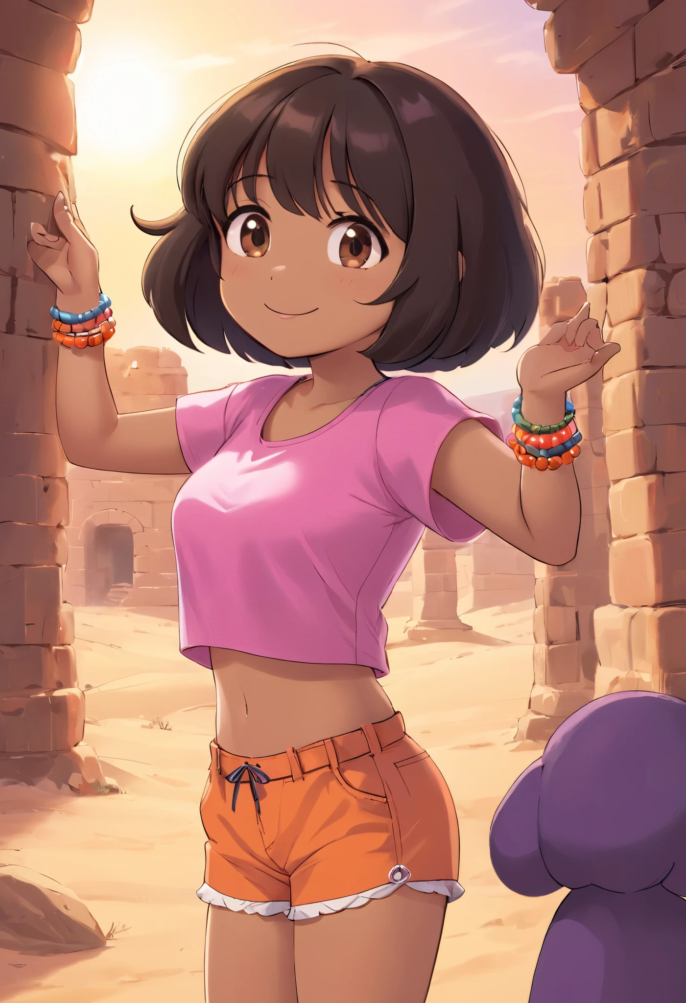 Young small girl, (solo 0.6), dark brown hair, bob cut hair, puffy hair, big hair, bangs, dark tan skin, Latina girl, brown eyes, exploring desert ruins, sunset, pink t shirt, orange shorts, bead bracelet, smiling, huge breasts, bare midriff, slender athletic body, thin waist, cute, (dora the explorer)