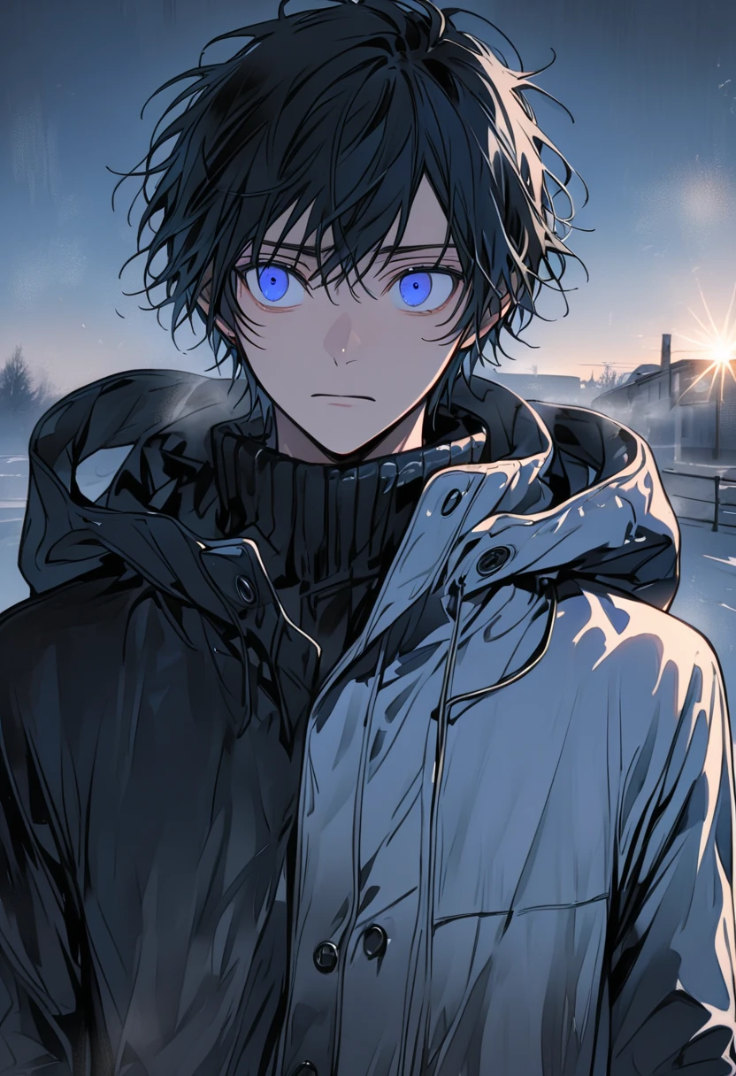 solo male, young, blue eyes, long black hair, confused, morning, wearing warm clothes, cold winter background