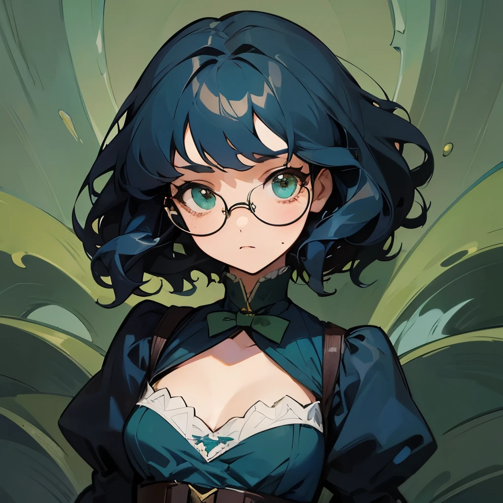 Beautiful girl, perfect anatomy, cute and gorgeous face, has a great cute smile, beautiful eyes, green eyes, wears glasses, dark blue wavy hair, dark blue hair, short hair, wears a victorian military outfit, small breasts, anime style.