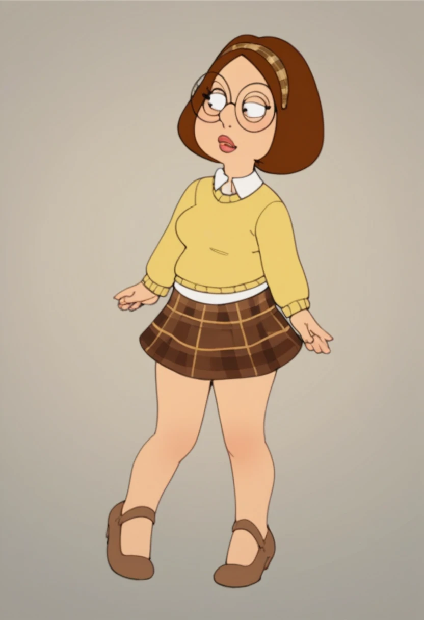 full body shot, feet in view, Meg, 1girl, short hair, brown hair, , glasses, thick lips, hair band, yellow sweater, brown plaid skirt, brown footwear