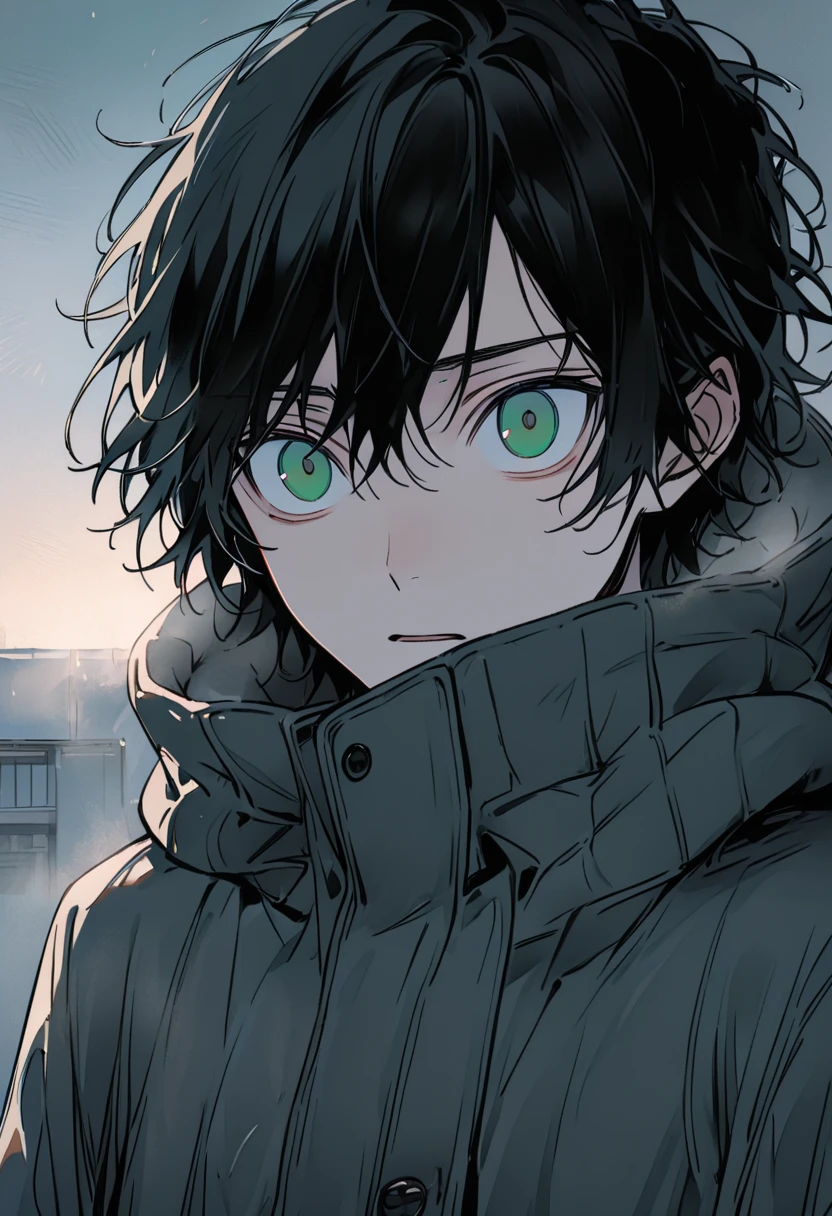 solo male, young, Green eyes, long black hair, confused, morning, very cute, wearing warm clothes, cold winter background