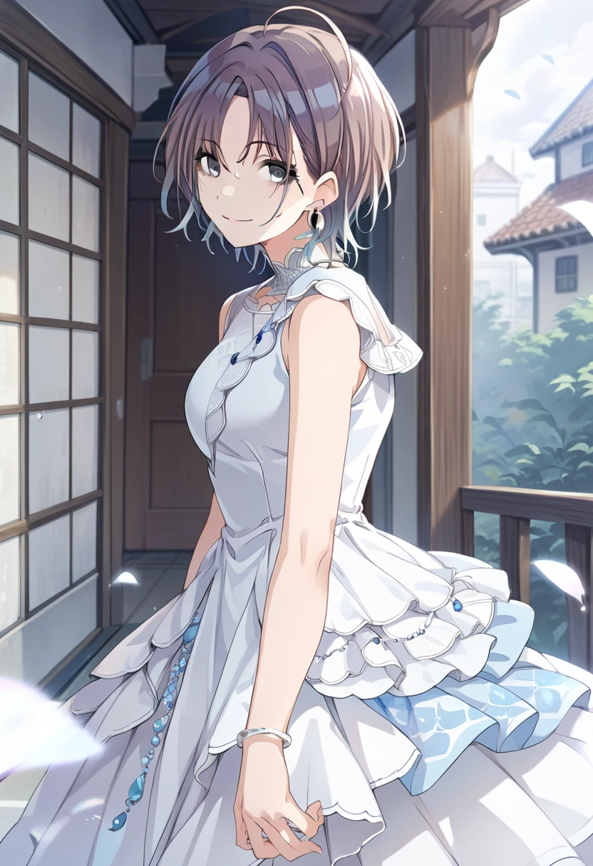 score_9, score_8_up, score_7_up, source_anime,asakura toru, short hair, brown hair, blue hair, blue eyes, 1girl, solo, dress,  looking at viewer, ahoge, jewelry, earrings, smile, white dress, parted bangs, bracelet, sleeveless dress