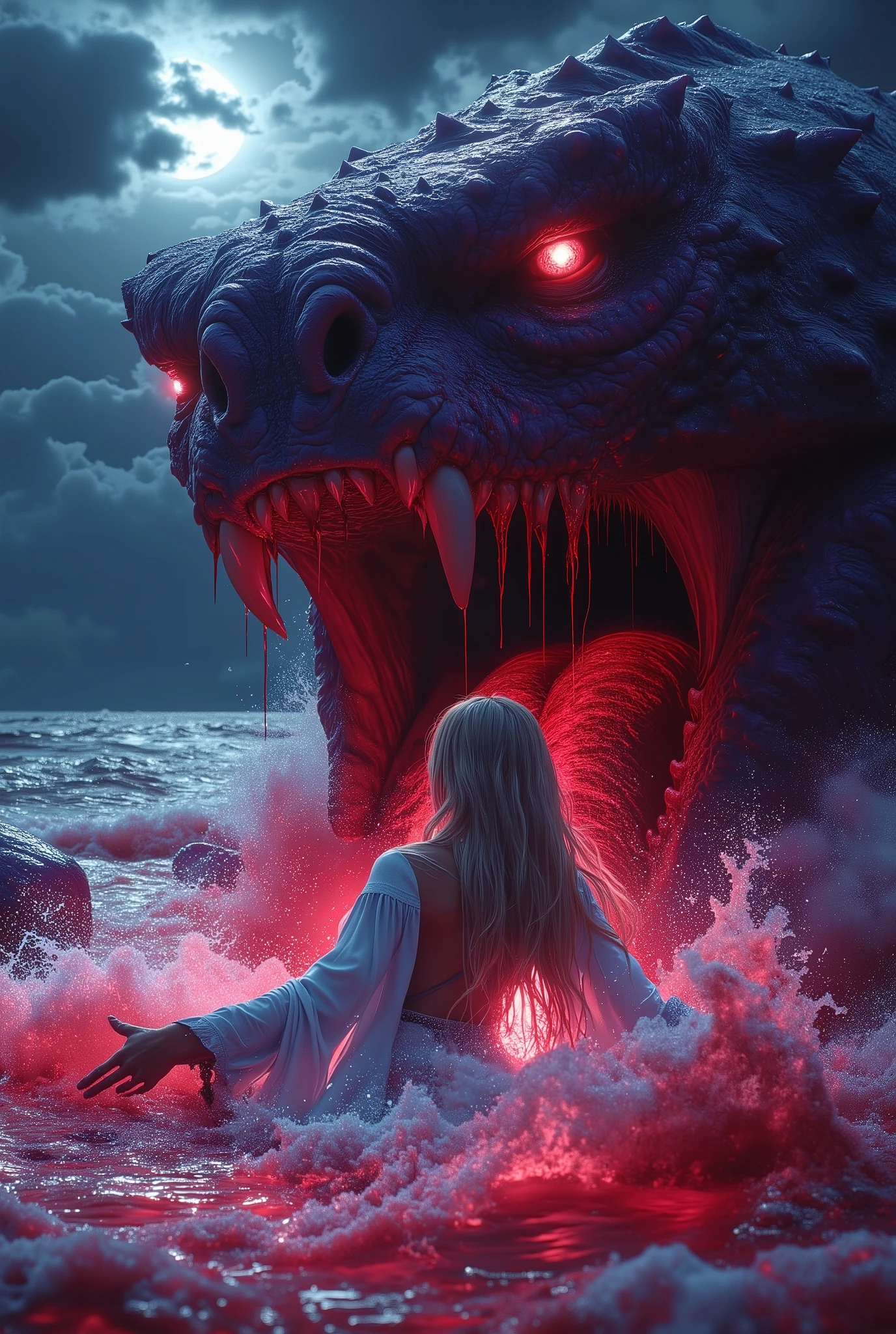 (Best Picture Quality,4K,8K,Hi-Res,Masterpiece:1.2),Ultra-Detailed,(Realistic,Photorealistic,Photorealistic:1. 37),A neon-colored, Gore,Eerie,Horror,Stormy Sea,Moon View,Sacrificed Princess Andromeda,The most beautiful princess in the world with blond hair and blue eyes,Giant monster appears from the sea,Kraken's mouth princess being dragged and torn apart, bloody bites, bloodied, dismembered bodies, shredded clothes, shattered crowns, deadly teeth, vicious mouths, hideous giant fangs, bloody saliva, torn flesh, dripping blood, bright red ocean water, brutal, dark atmosphere, nightmarish scenes, nightmarish nightmarish scene, nightmarish creature, horror movie scene, gruesome details, horror fantasy, horror art, horrific fantasy, nightmare fuel, horror movie poster, horror illustrator, monster lair, exquisite gore details, ominous lighting, demonic presence, vivid gore colors , anguish, torture, fate, (Amazingly powerful and realistic compositions by Greg Rutkowski:1.2), bokeh, depth of field, blur,