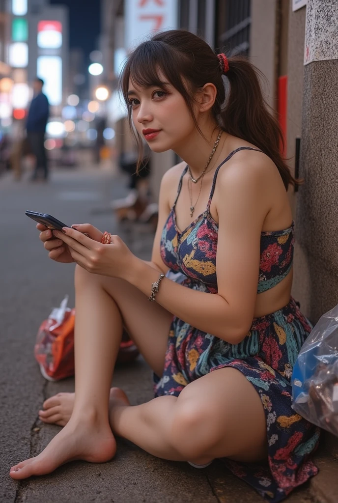 NSFW,
photography, film, depth of field, realistic skin texture, realistic photo, taken with smartphone, documentary,
pigtails, bangs,
(one girl, junior idol, teenage girl, Japanese girl, runaway girl),
messy hair, cute face, looking at camera, full body,
she is wearing necklace, (stained camisole, stained super mini skirt), friendship bracelet, anklet, but no panties, no underwear,
she is wearing colorful camisole top with thin shoulder straps,
she is wearing colorful super mini pleated skirt,
her pussy is visible from the hem of the super mini pleated skirt,
her body is plump with not much of a waistline, big ass and thick thighs, giving an overall underdeveloped impression,
She has super big breasts as big as her head,
(Gigantic Bust: 1.6),
She is fat with big breasts,
She has thick legs,
She is still in her early teens but ran away from home and is making a living by prostituting herself,
She is sitting on the edge of the sidewalk with her legs stretched out,
She is playing with her smartphone,
She spreads her legs and shows her pussy to get the man's attention,
She looks up at me with the camera pointed at her,
She looks at the camera and smiles sadly as if to fawn,
She hasn't washed her body so her whole body is filthy, her clothes, skin and hair are dirty,
There is a plastic bag full of junk next to her,
This is a corner of Shinjuku's downtown, (night, downtown at night), town, city, downtown,
Various types of garbage are scattered on the street, condoms, (used condoms),