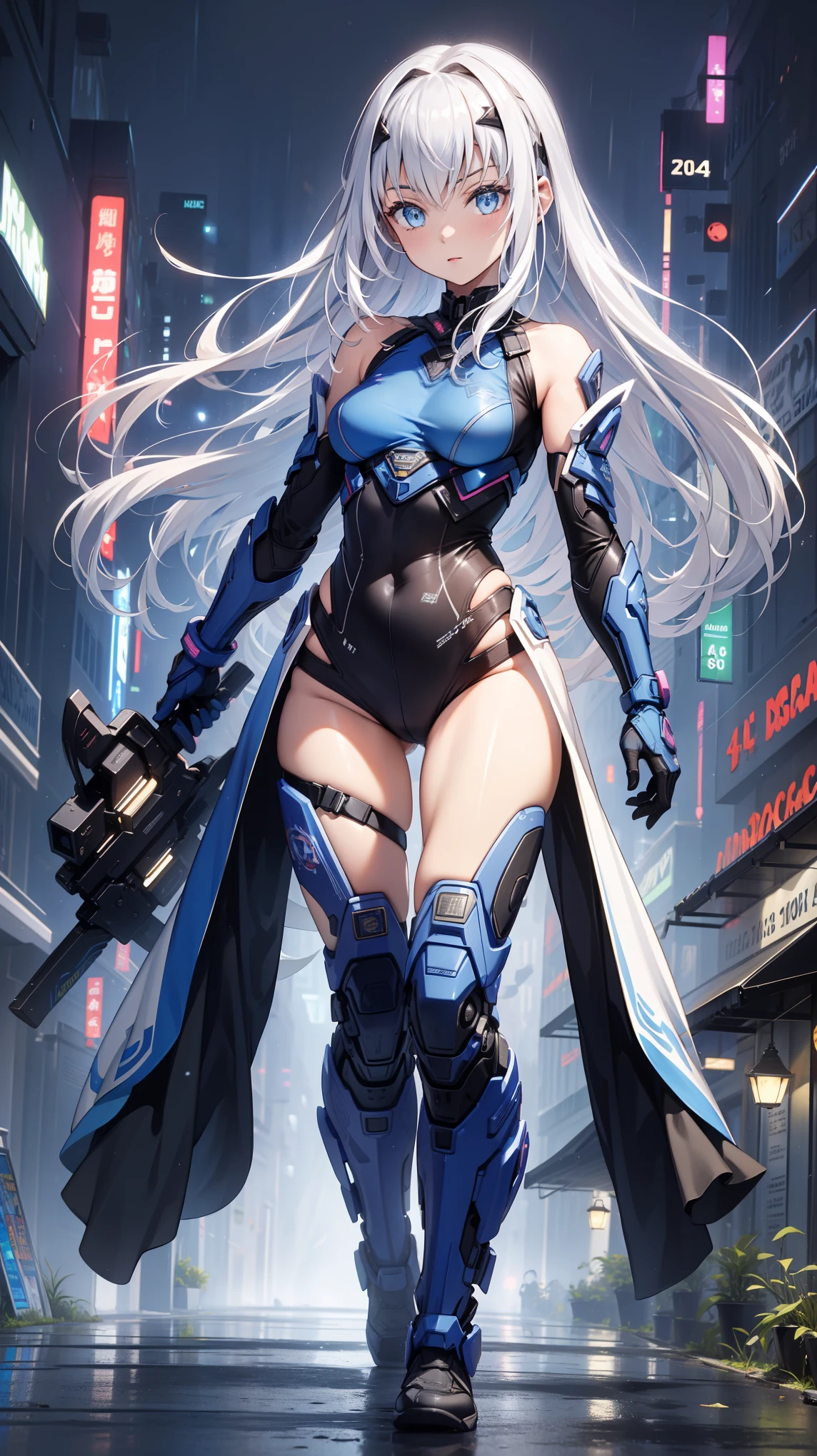 ( is the best quality,4K,8K, high resolution, masterpiece :1.2), Super Detailed , girl ,Holy,( silver white hair ), blue eyes ,obsessed, graceful standing,玩得 happy ,in love, cute cloth , Exquisite clothing,pattern,Swimsuit, happy , Sci-fi city , Unique ,Small amount of armor , confrontation ,rain, sci-fi combat suit ,A few decorations on the blue racer suit