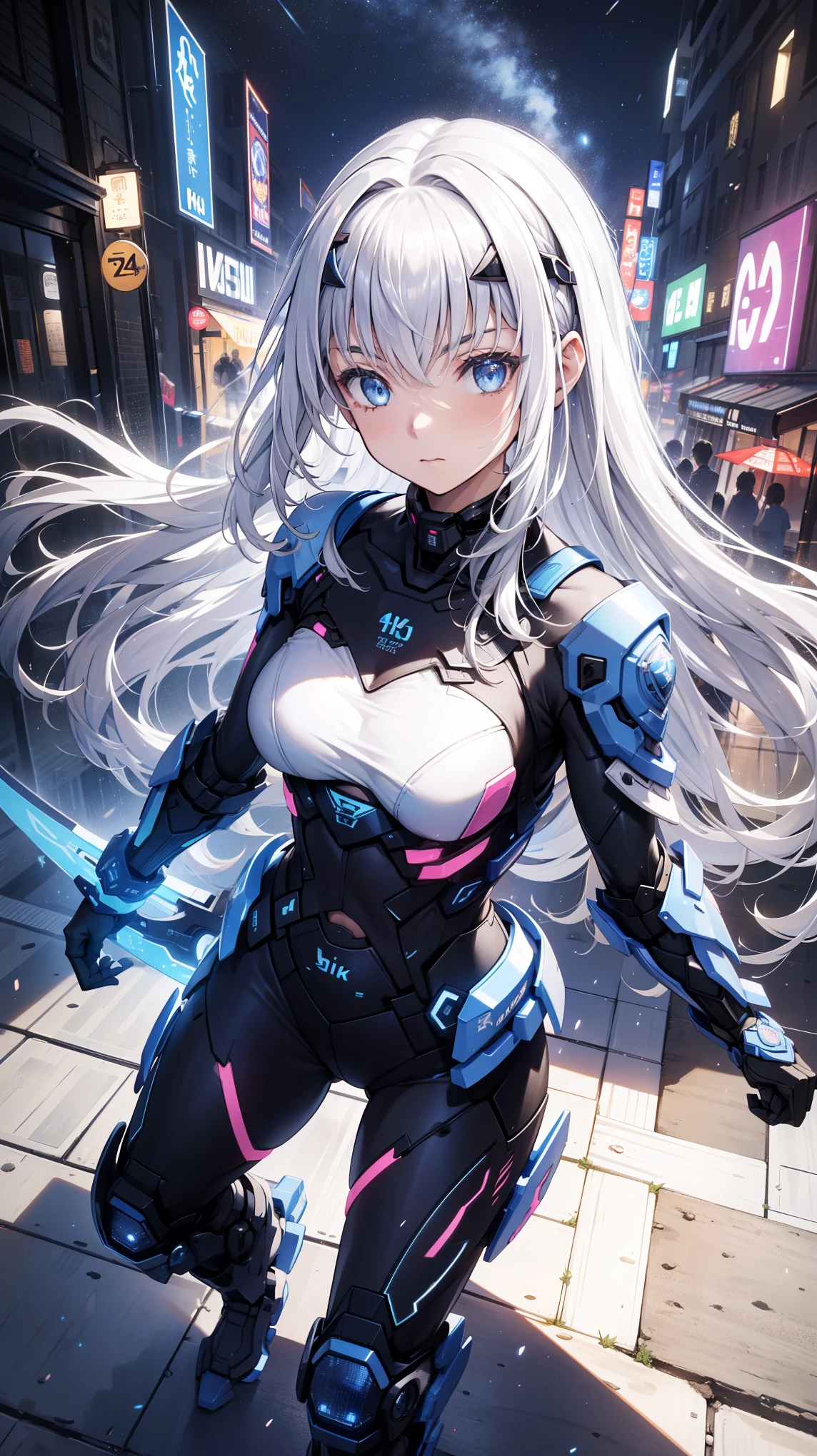 Anime girl with white hair and blue eyes in a city - SeaArt AI