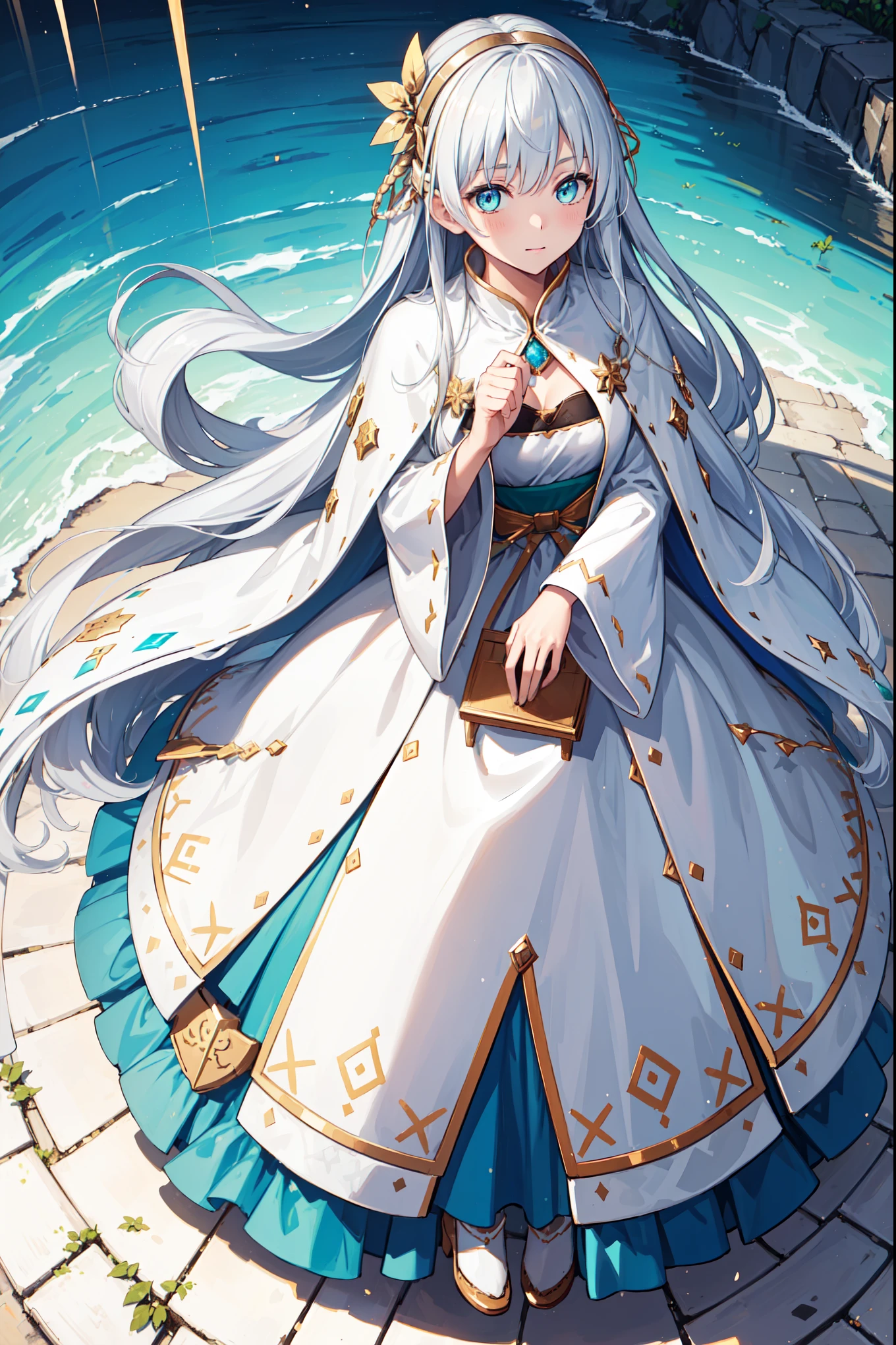 (  this is the best quality ,4K,8K,   high resolution, masterpiece :1.2),     Super Detailed   ,  girl ，Holy，(   silver white hair  )， obsessed， Have fun  ，   unique  ，blue cloak, brown hairband, cloak, dress, fur trim, hairband, royal robe, sash, tachi-e, white dress, wide sleeves，anastasia